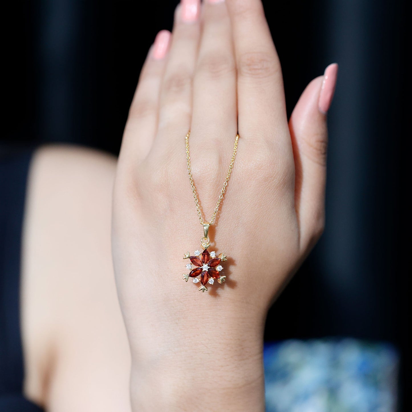 Real Garnet Flower Necklace Yellow Gold Plated Silver Pendant for Women