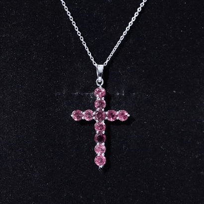 Simple Pink Tourmaline Cross Pendant Necklace for Women