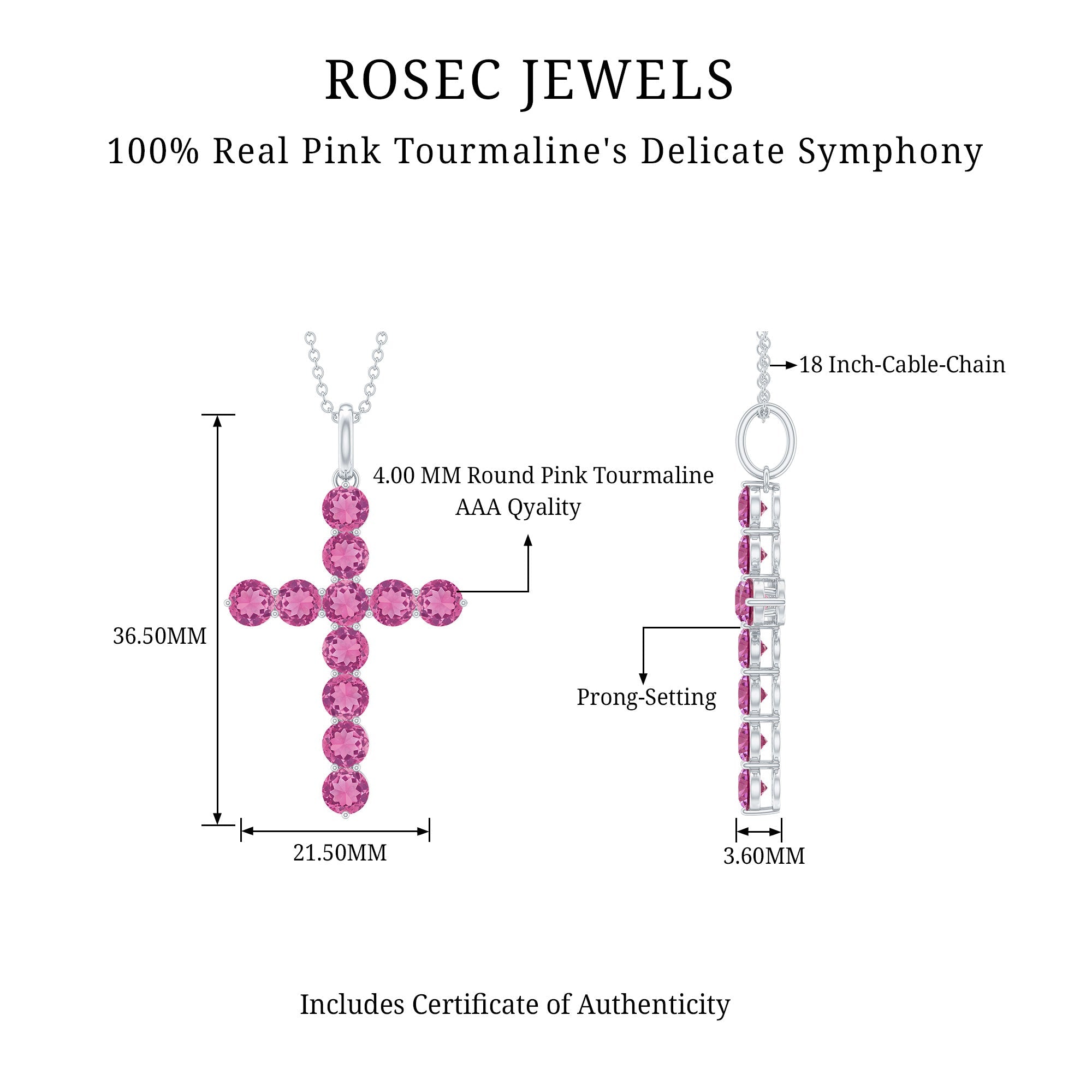 Simple Pink Tourmaline Cross Pendant Necklace for Women