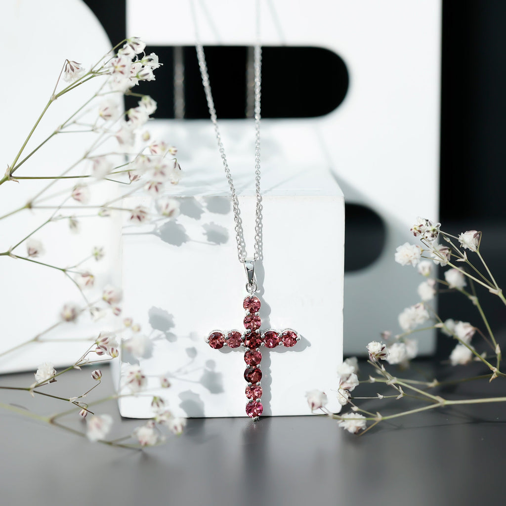 Simple Pink Tourmaline Cross Pendant Necklace for Women