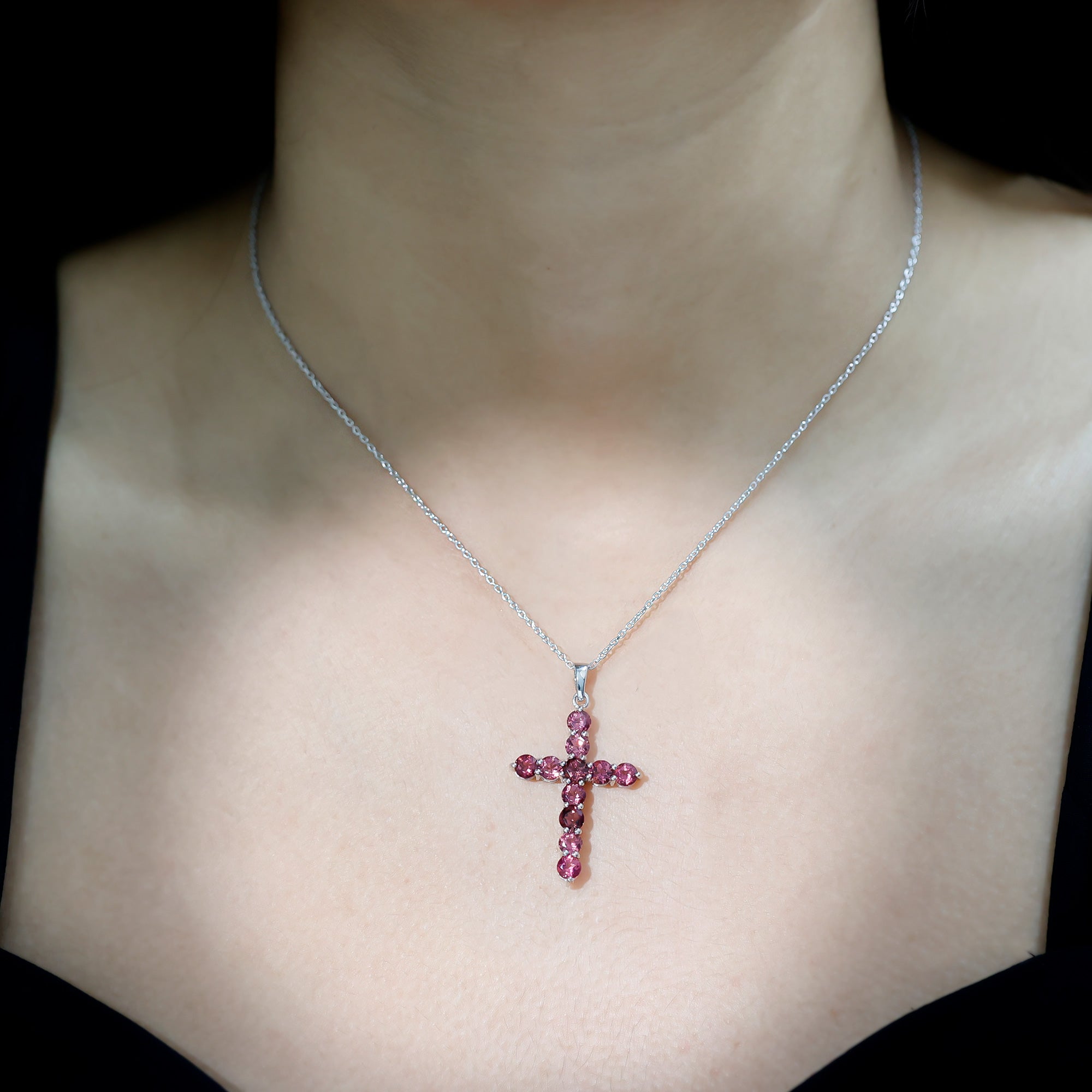 Simple Pink Tourmaline Cross Pendant Necklace for Women