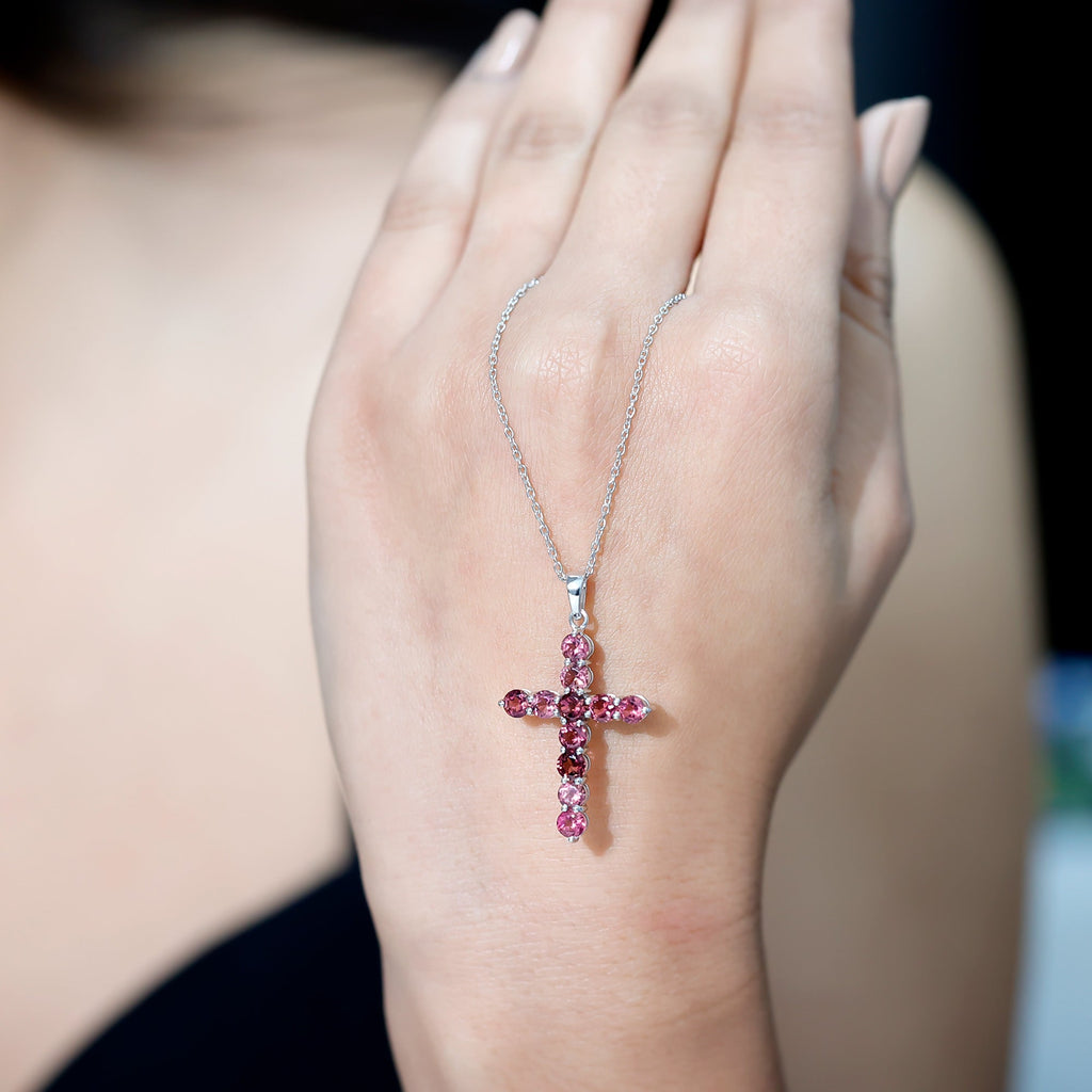 Simple Pink Tourmaline Cross Pendant Necklace for Women