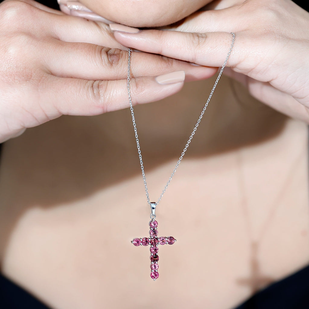Simple Pink Tourmaline Cross Pendant Necklace for Women