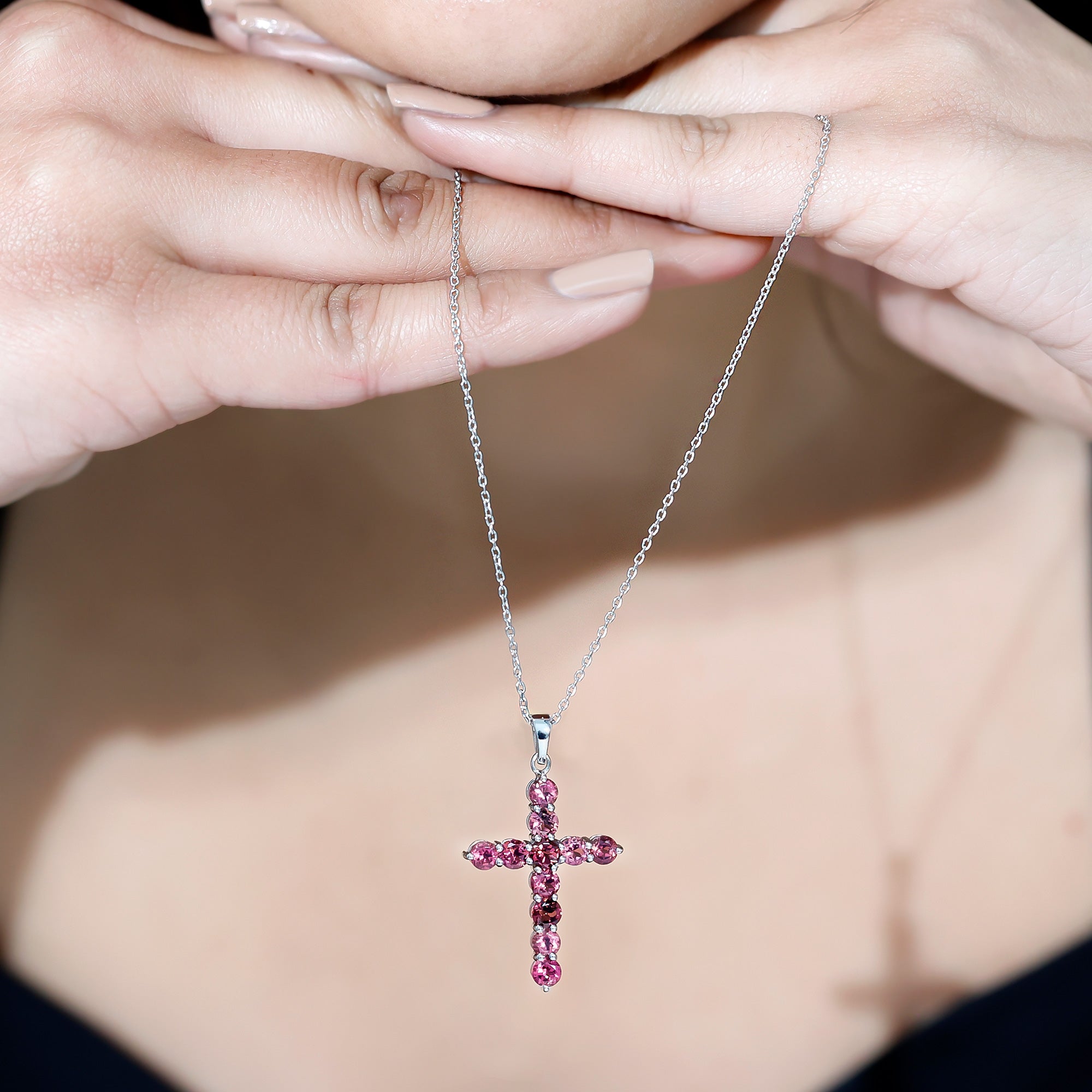 Simple Pink Tourmaline Cross Pendant Necklace for Women