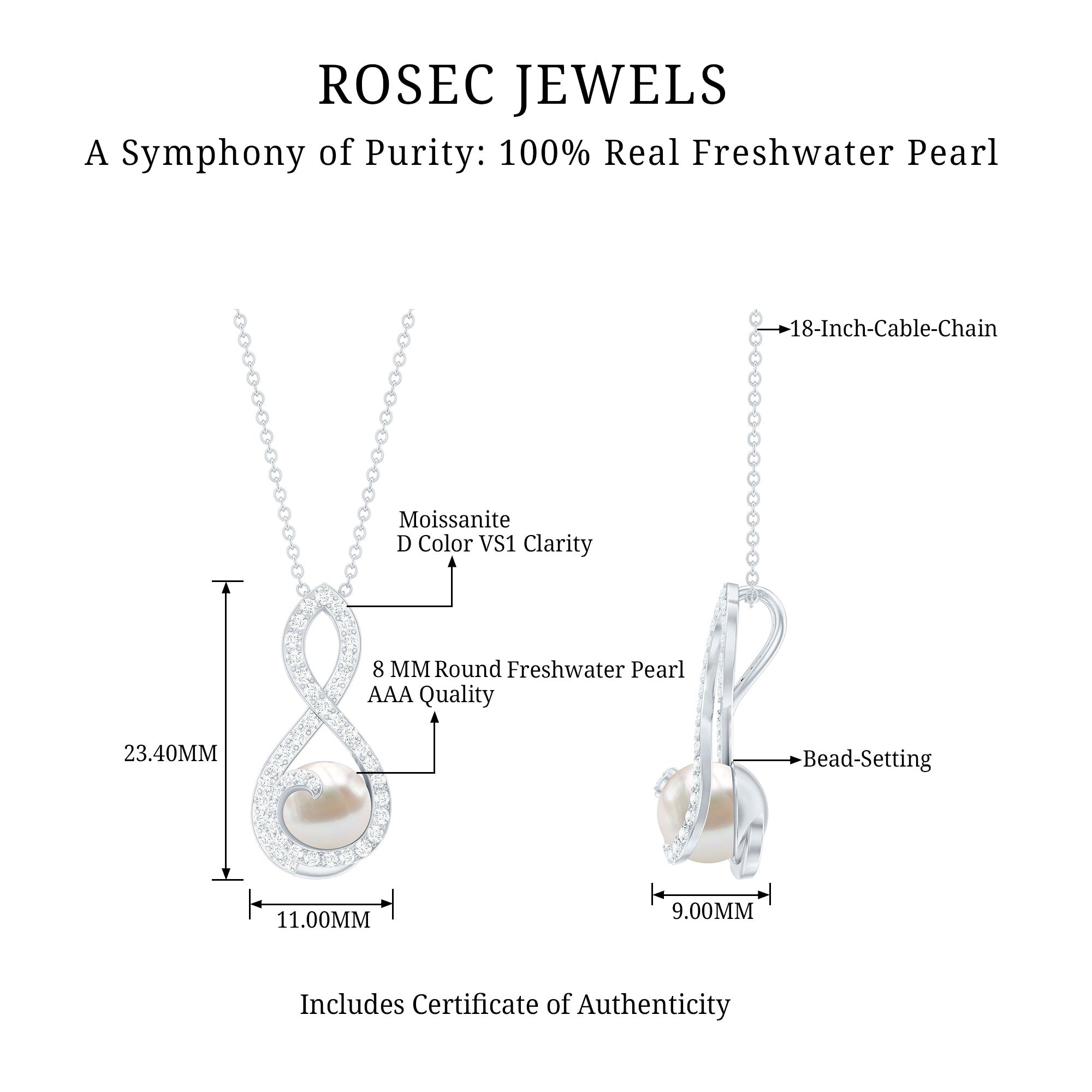 Freshwater Pearl and Moissanite Infinity Dangle Pendant