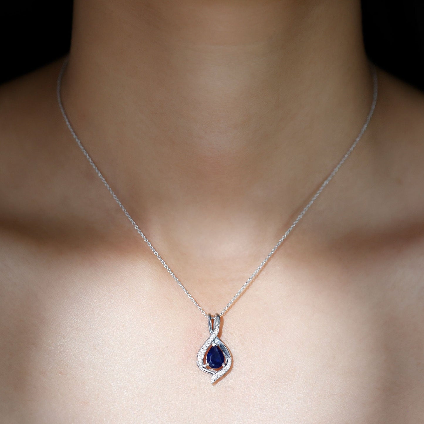 Lab Grown 6X8 MM Blue Sapphire Teardrop Pendant with Moissanite