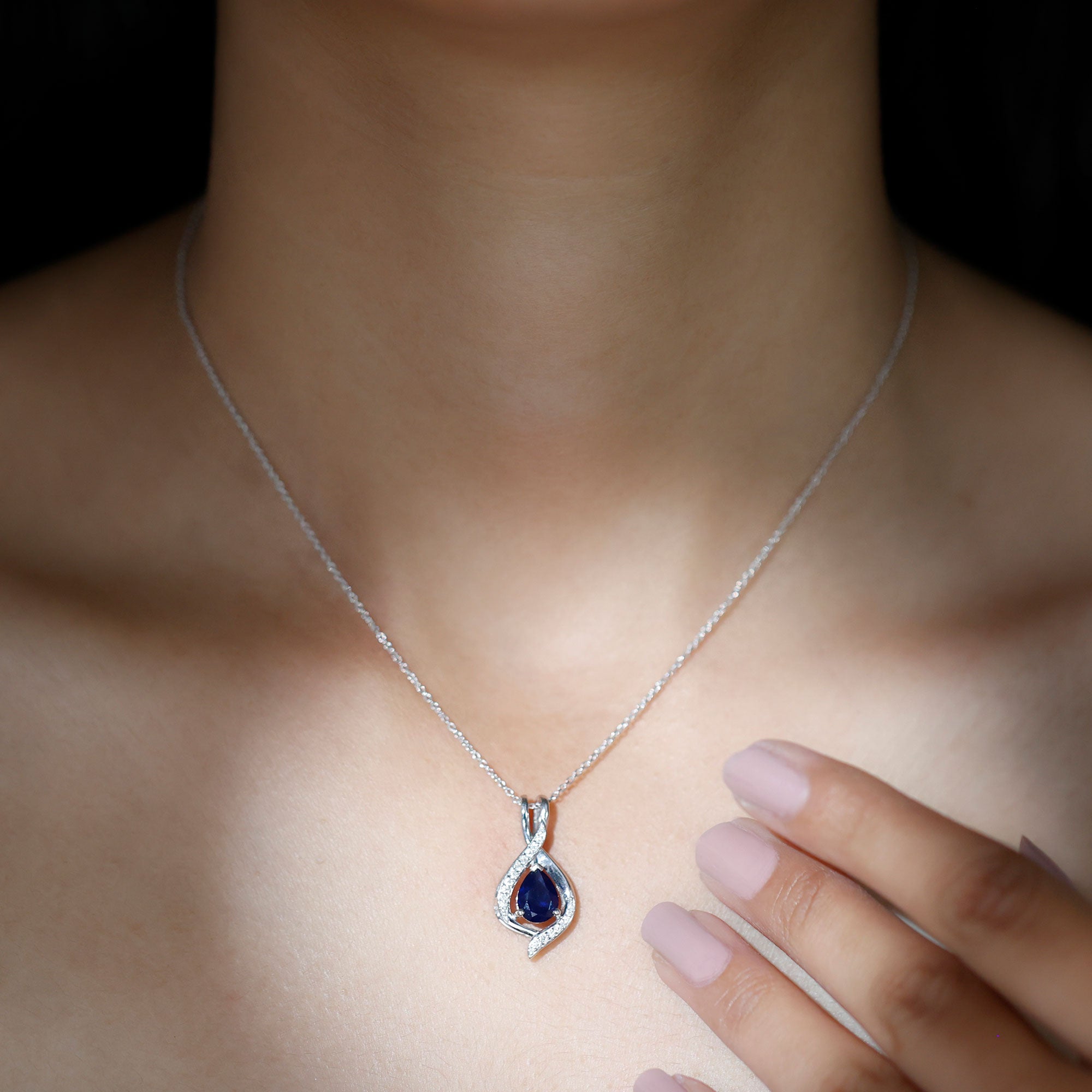Lab Grown 6X8 MM Blue Sapphire Teardrop Pendant with Moissanite