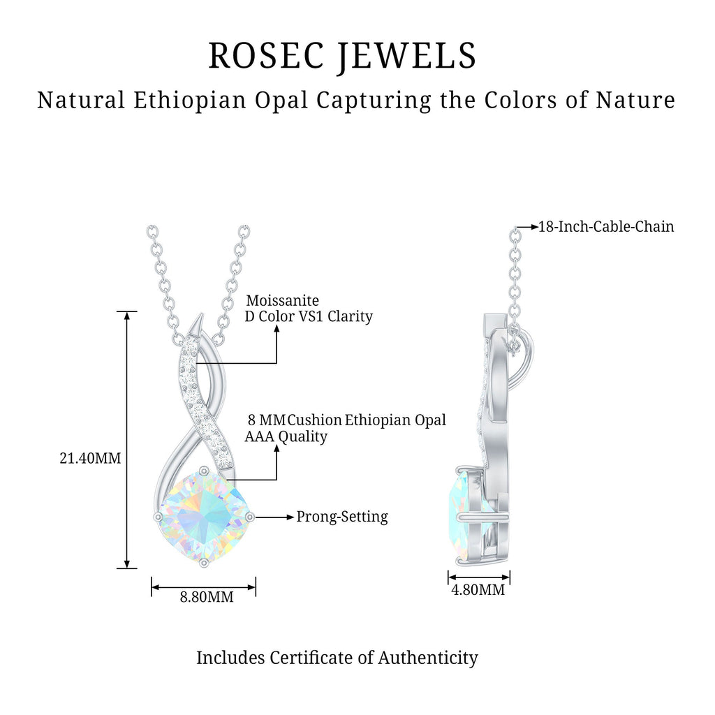 Cushion Cut 8MM Rainbow Opal Infinity Pendant with Moissanite