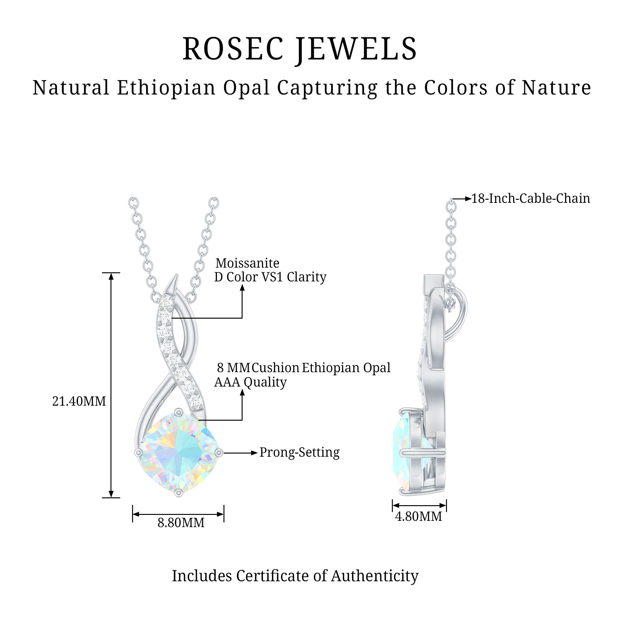 Cushion Cut 8MM Rainbow Opal Infinity Pendant with Moissanite