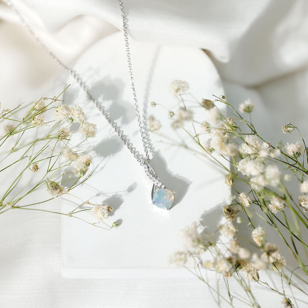 Cushion Cut 8MM Rainbow Opal Infinity Pendant with Moissanite