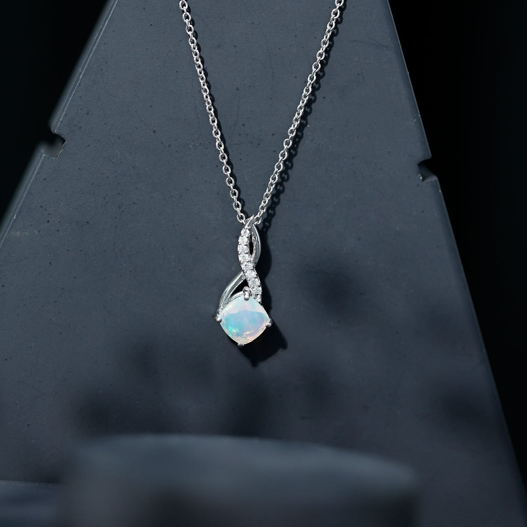Cushion Cut 8MM Rainbow Opal Infinity Pendant with Moissanite