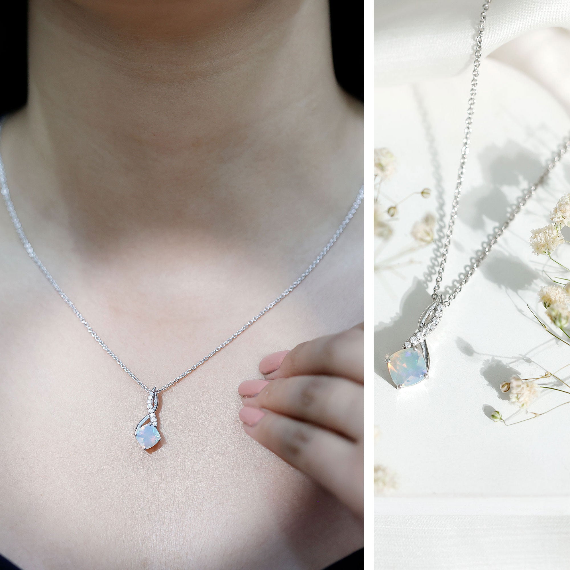 Cushion Cut 8MM Rainbow Opal Infinity Pendant with Moissanite