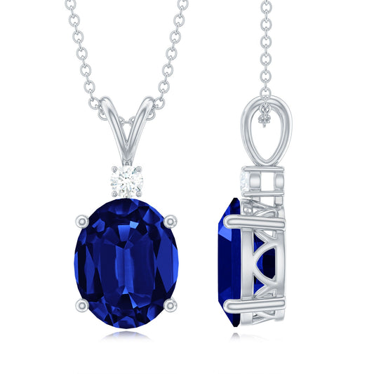 Lab Created Blue Sapphire Oval Cut Solitaire Pendant with Silver Chain
