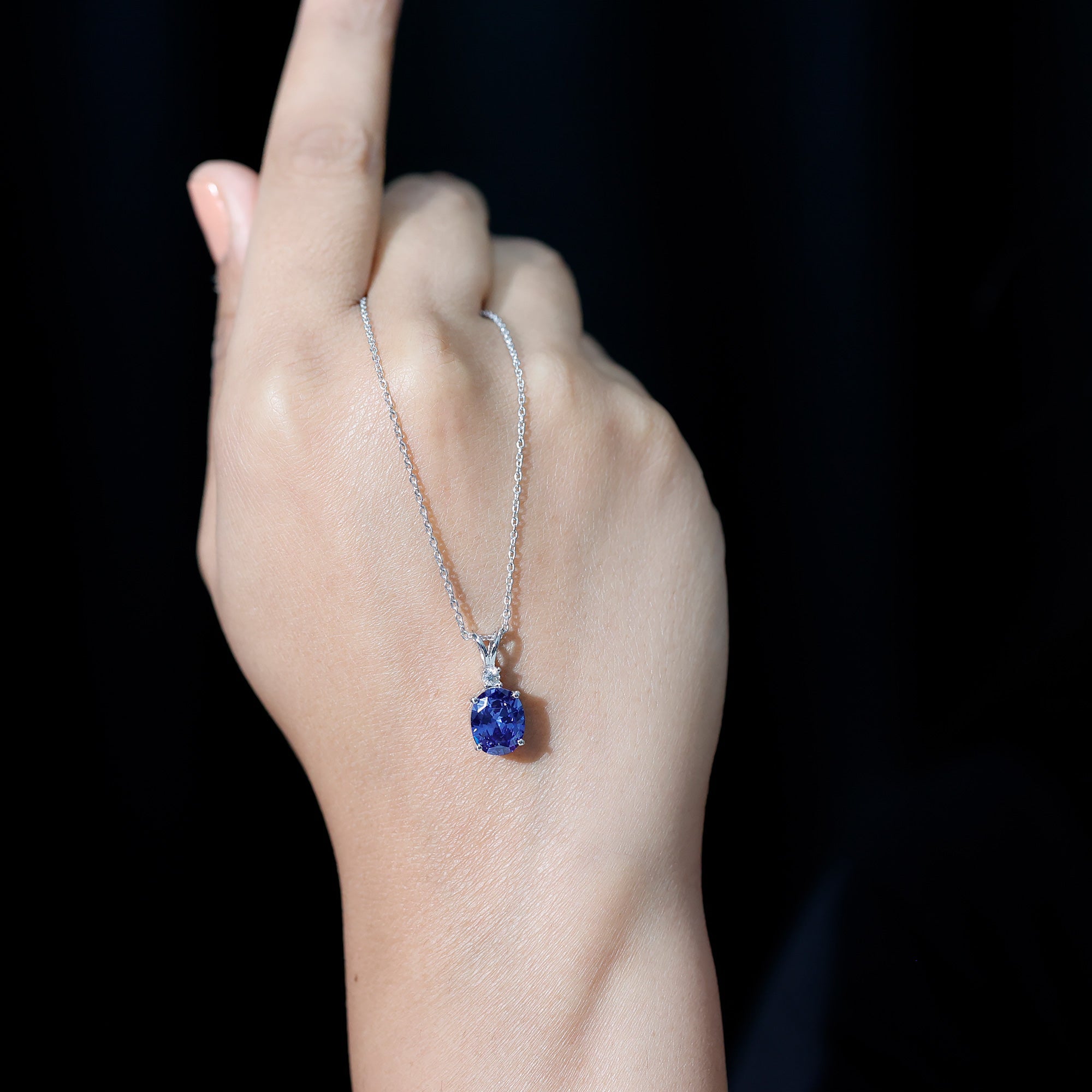 Lab Created Blue Sapphire Oval Cut Solitaire Pendant with Silver Chain