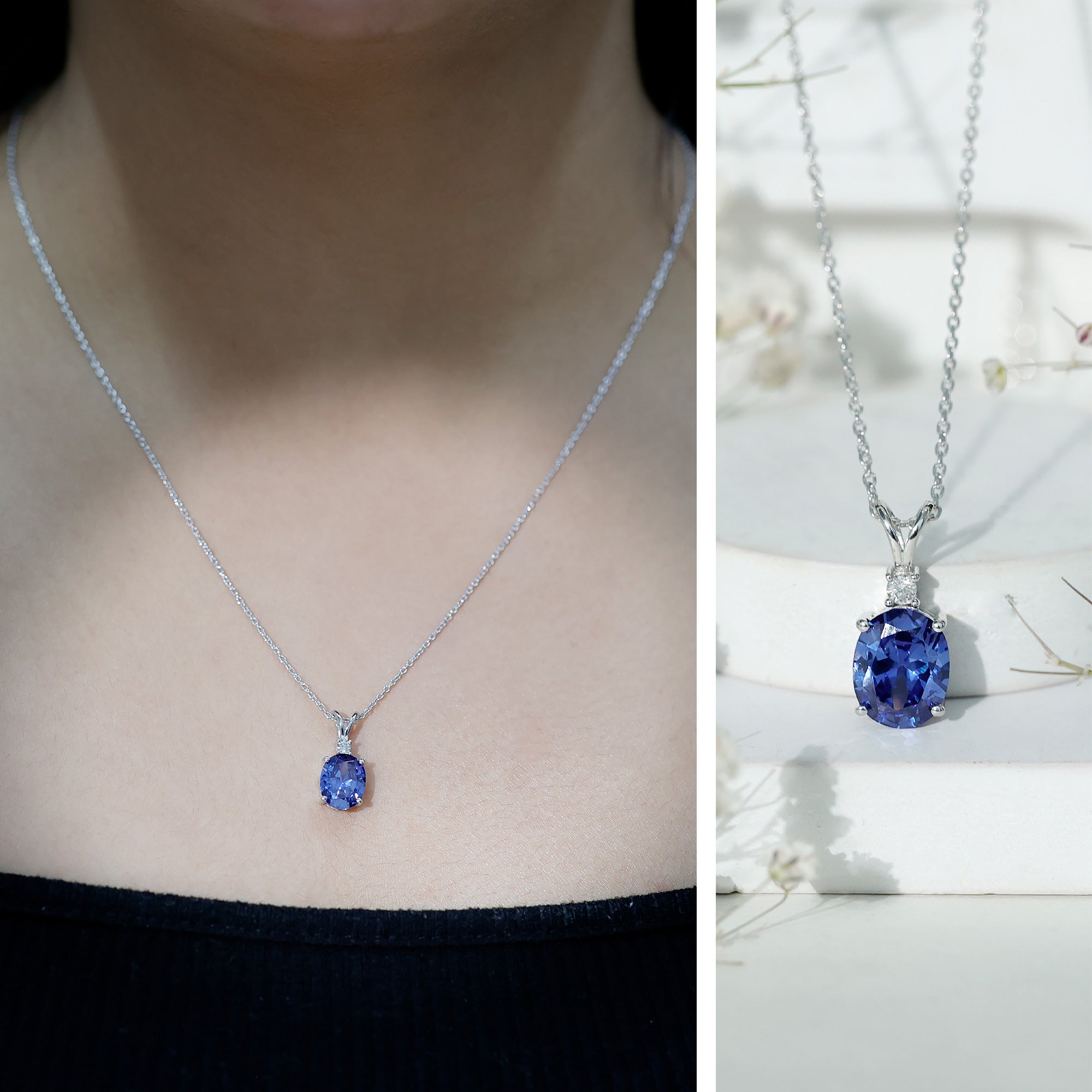 Lab Created Blue Sapphire Oval Cut Solitaire Pendant with Silver Chain