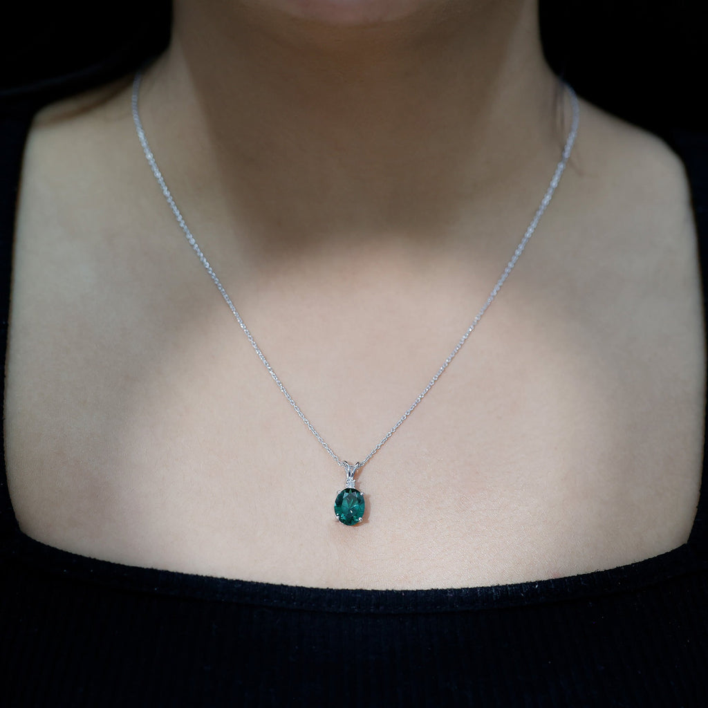 8X10 MM Oval Lab Grown Emerald Solitaire Necklace With Silver Chain