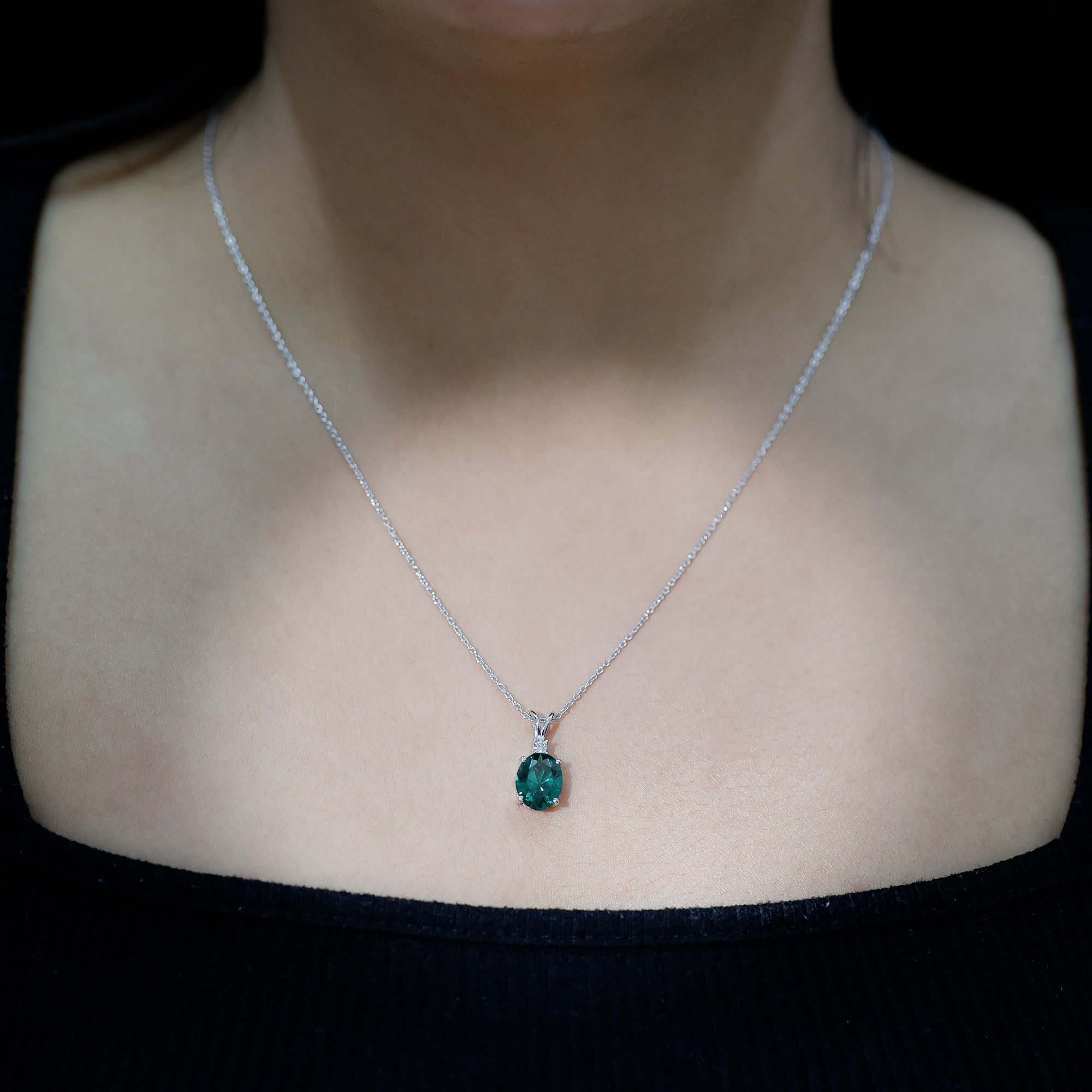 8X10 MM Oval Lab Grown Emerald Solitaire Necklace With Silver Chain