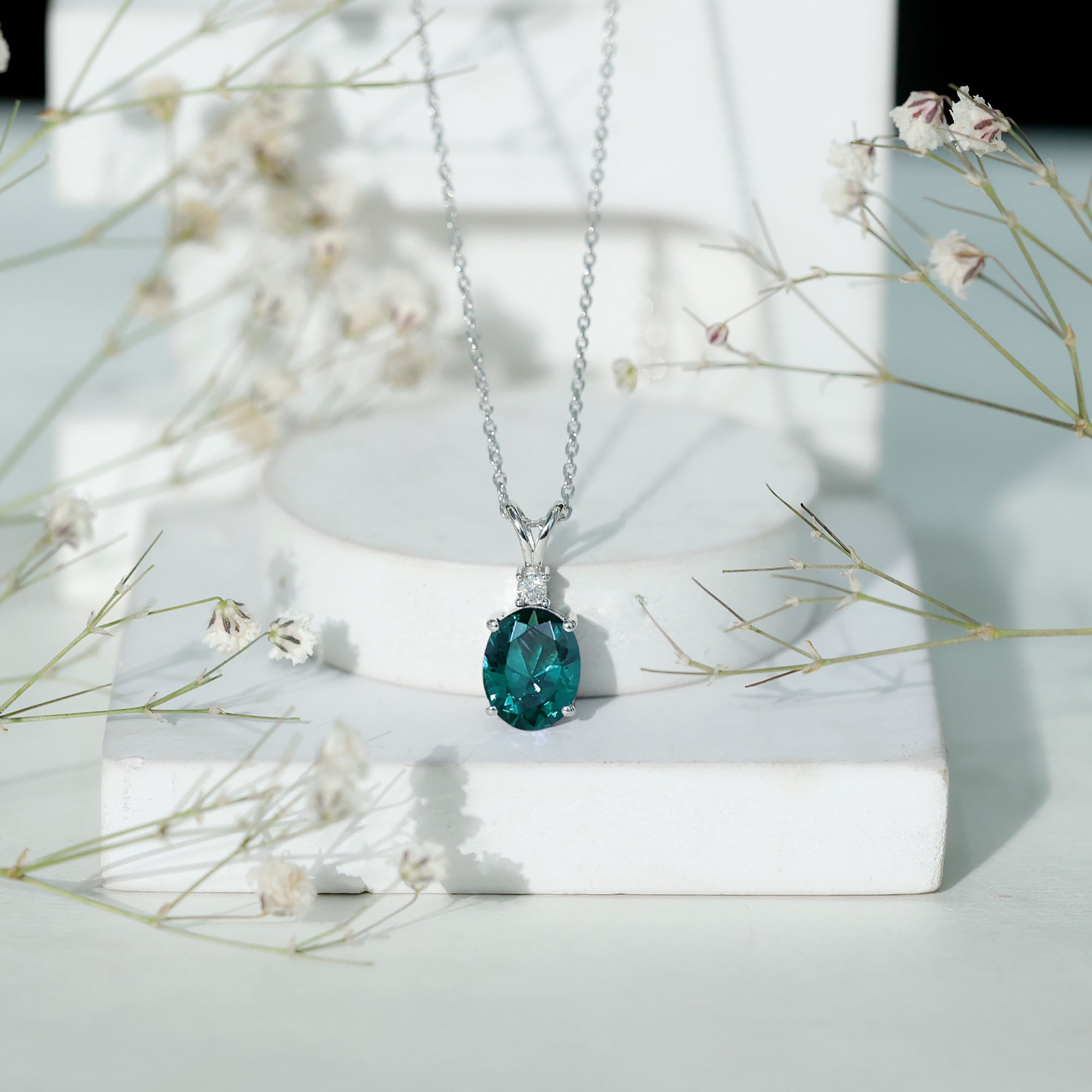 8X10 MM Oval Lab Grown Emerald Solitaire Necklace With Silver Chain