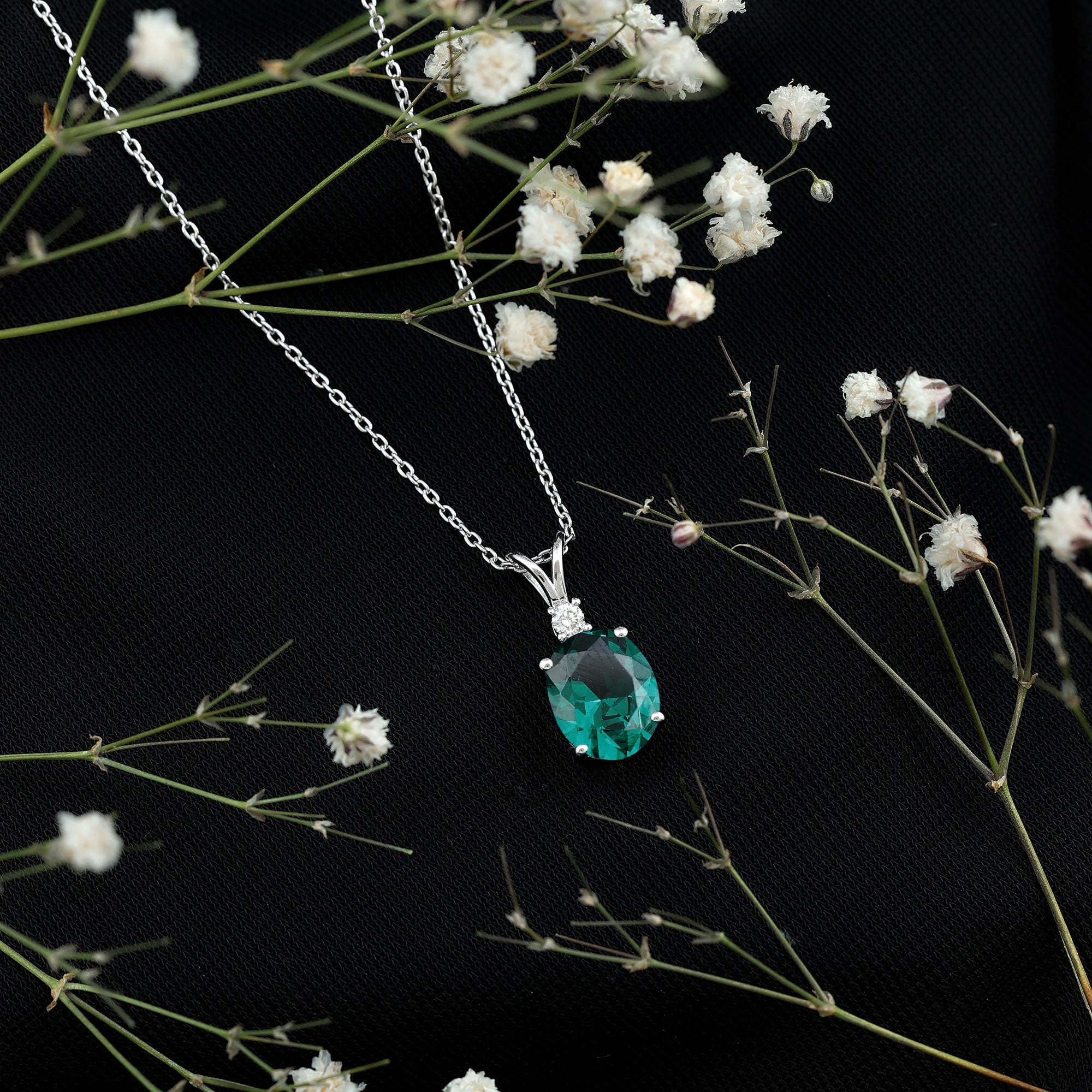 8X10 MM Oval Lab Grown Emerald Solitaire Necklace With Silver Chain