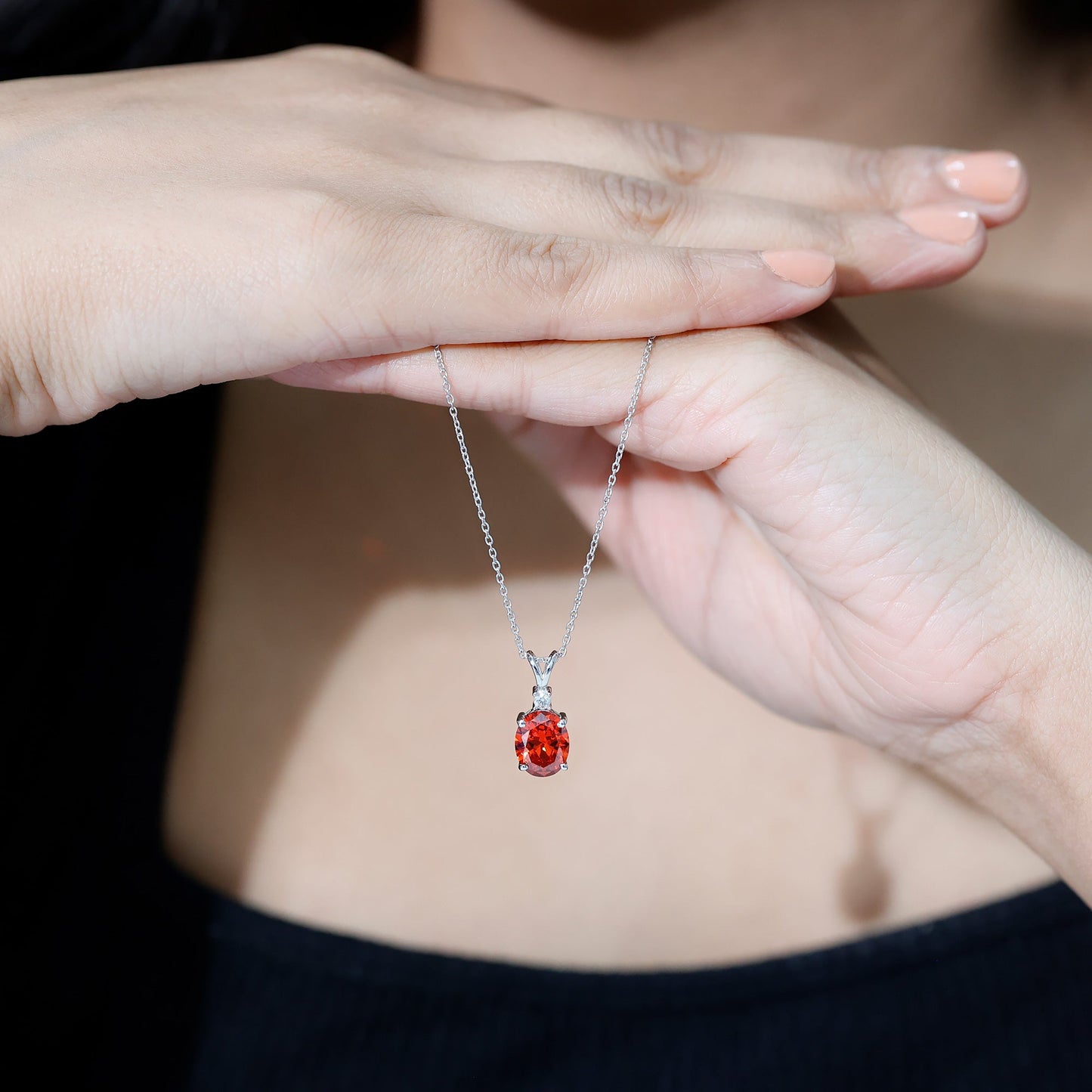 Lab Grown 8X10 MM Orange Sapphire Oval Pendant Necklace with Chain
