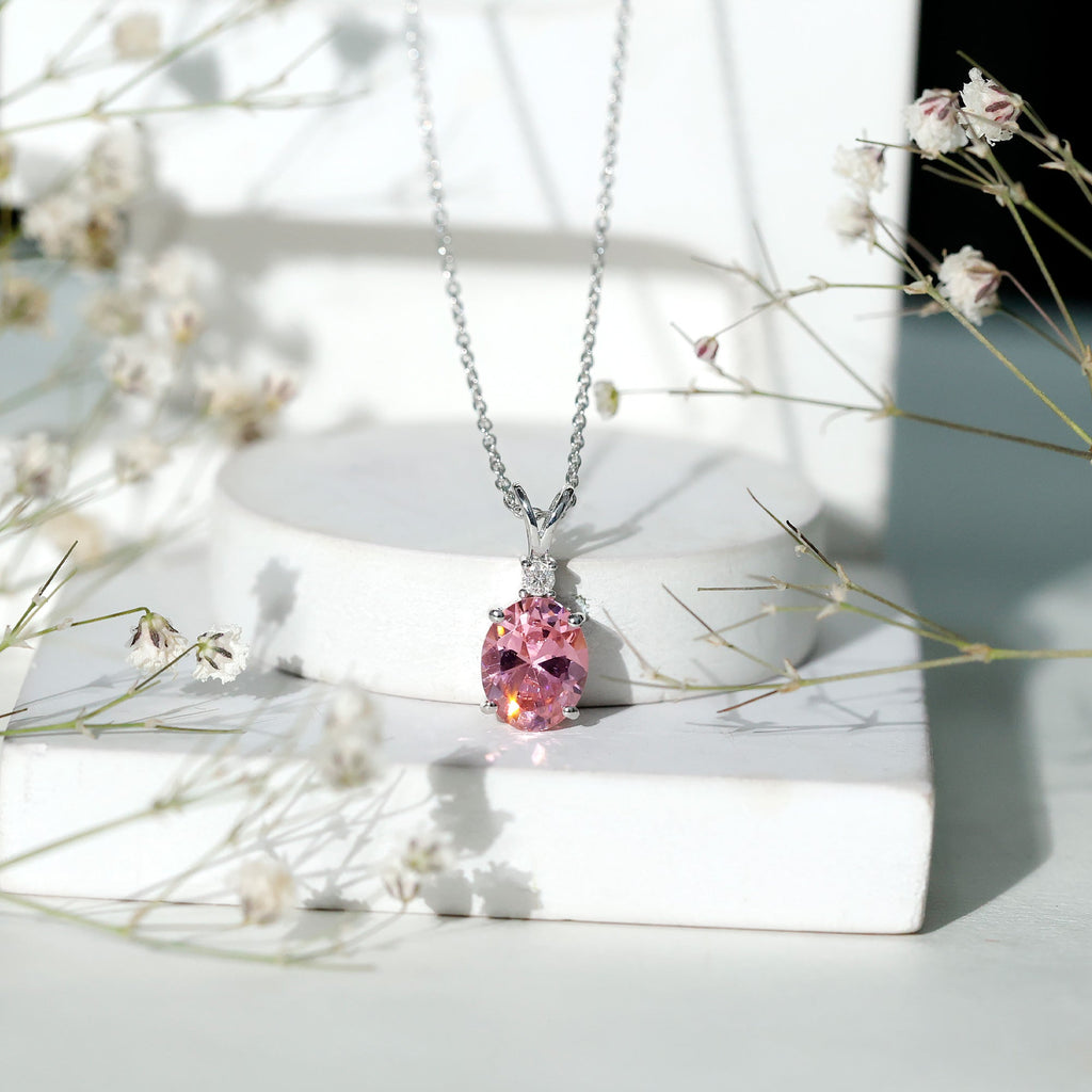 Lab Grown 8X10 MM Pink Sapphire Necklace with Moissanite