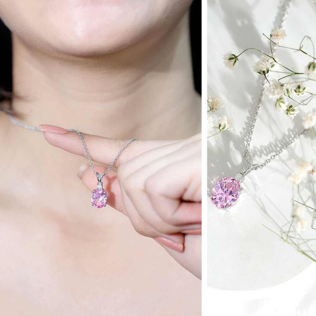 Lab Grown 8X10 MM Pink Sapphire Necklace with Moissanite