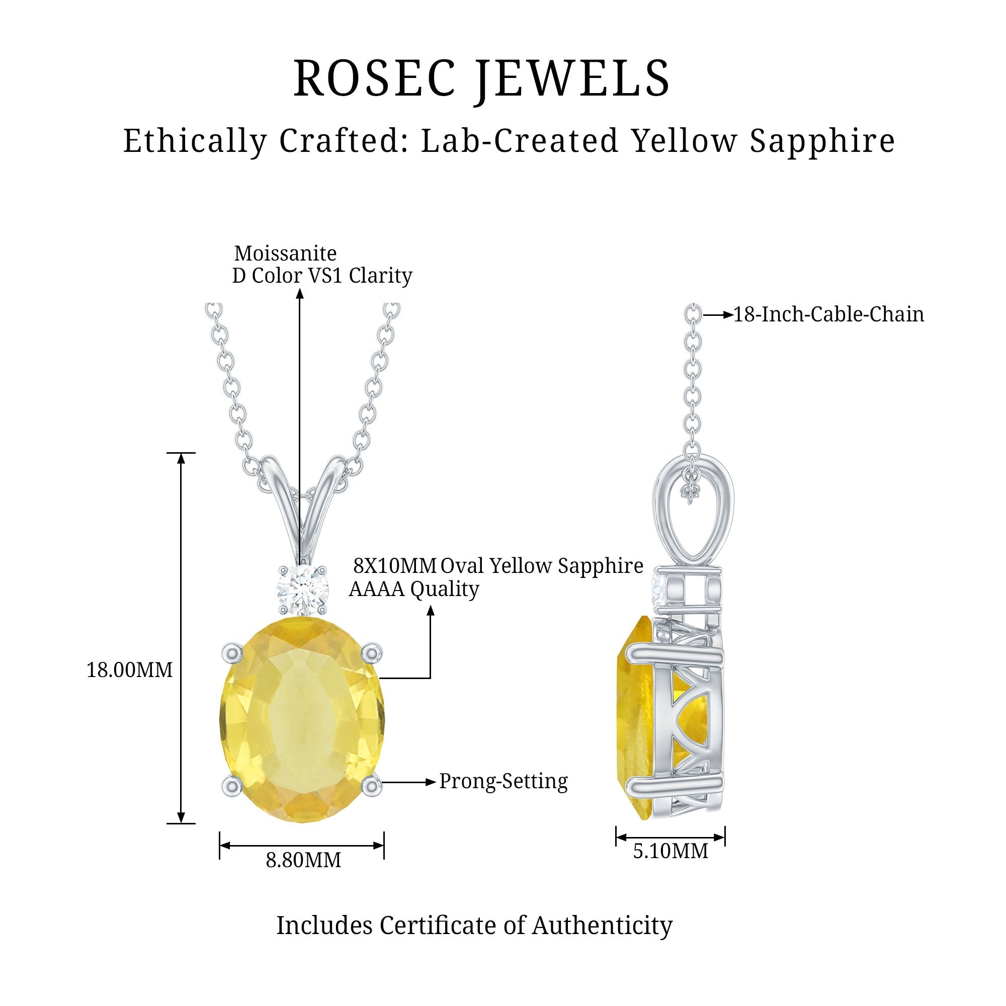 Lab Created 8X10 Yellow Sapphire Oval Pendant with Moissanite