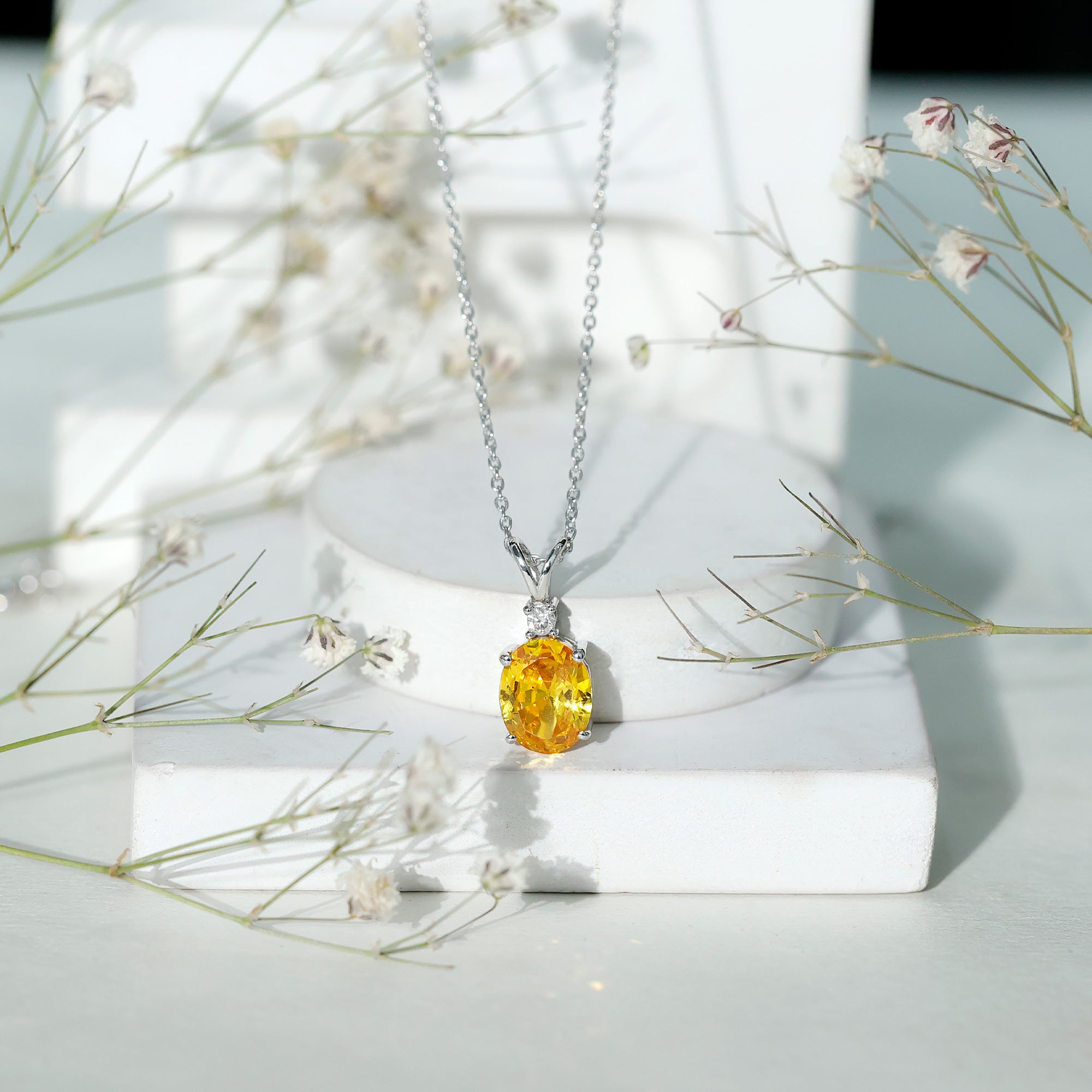 Lab Created 8X10 Yellow Sapphire Oval Pendant with Moissanite