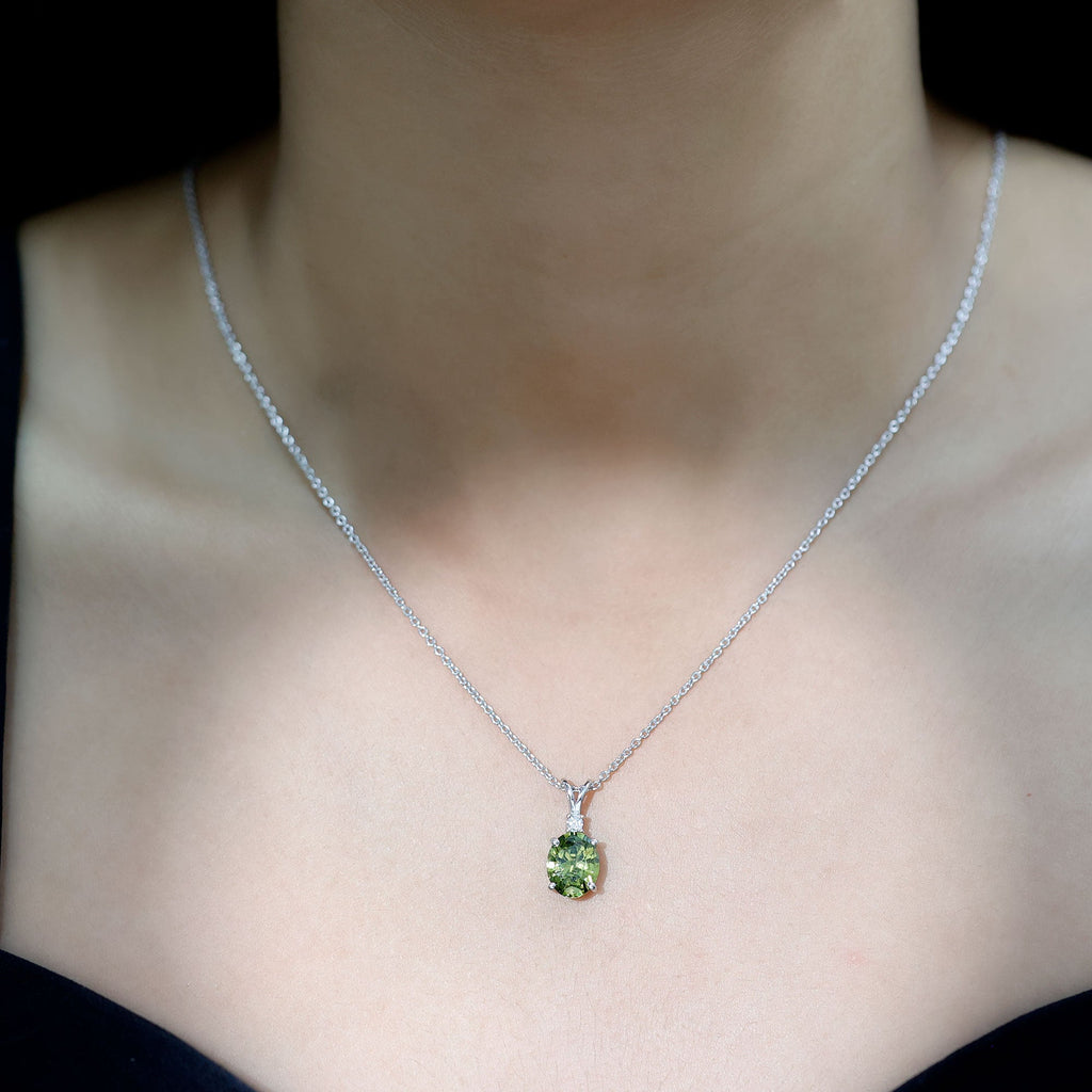 Lab Created Oval Shaped Green Sapphire Solitaire Pendant Necklace