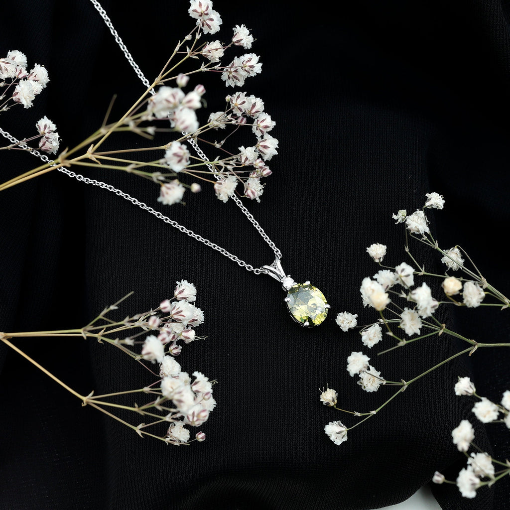 Lab Created Oval Shaped Green Sapphire Solitaire Pendant Necklace