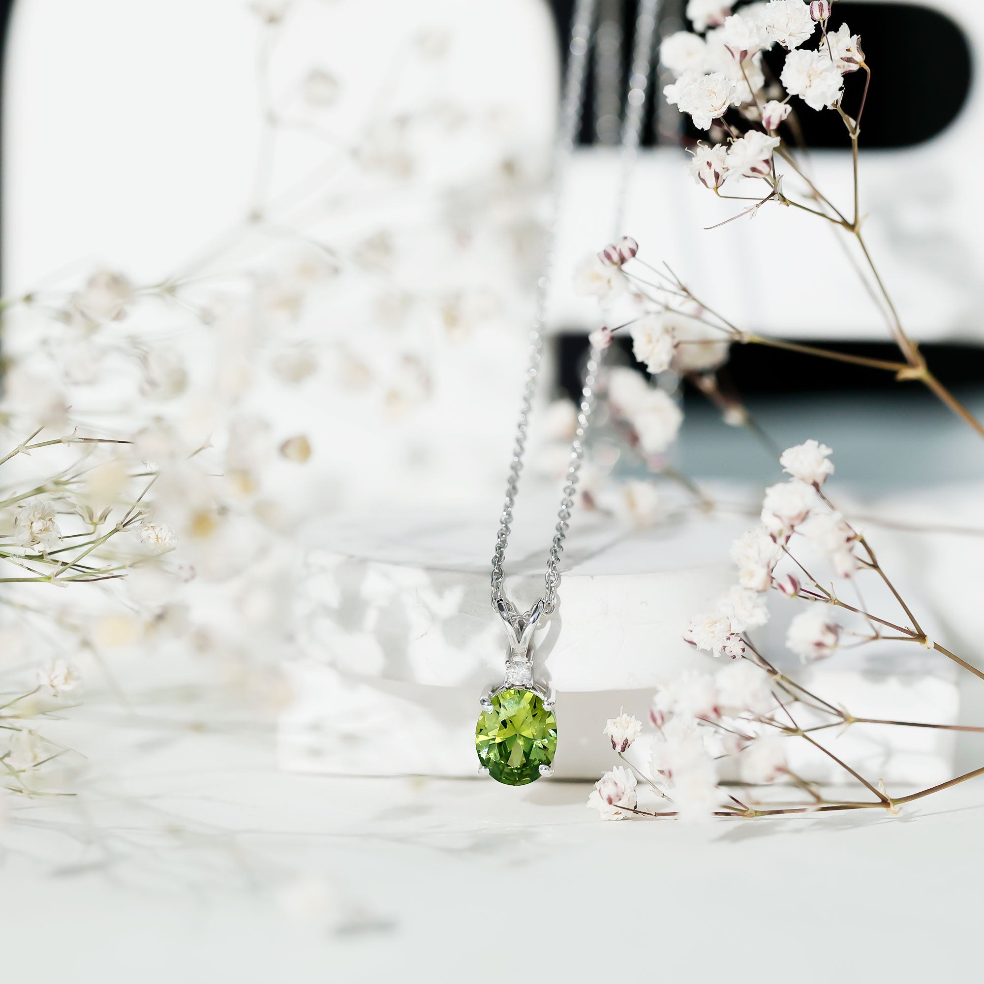 Lab Created Oval Shaped Green Sapphire Solitaire Pendant Necklace