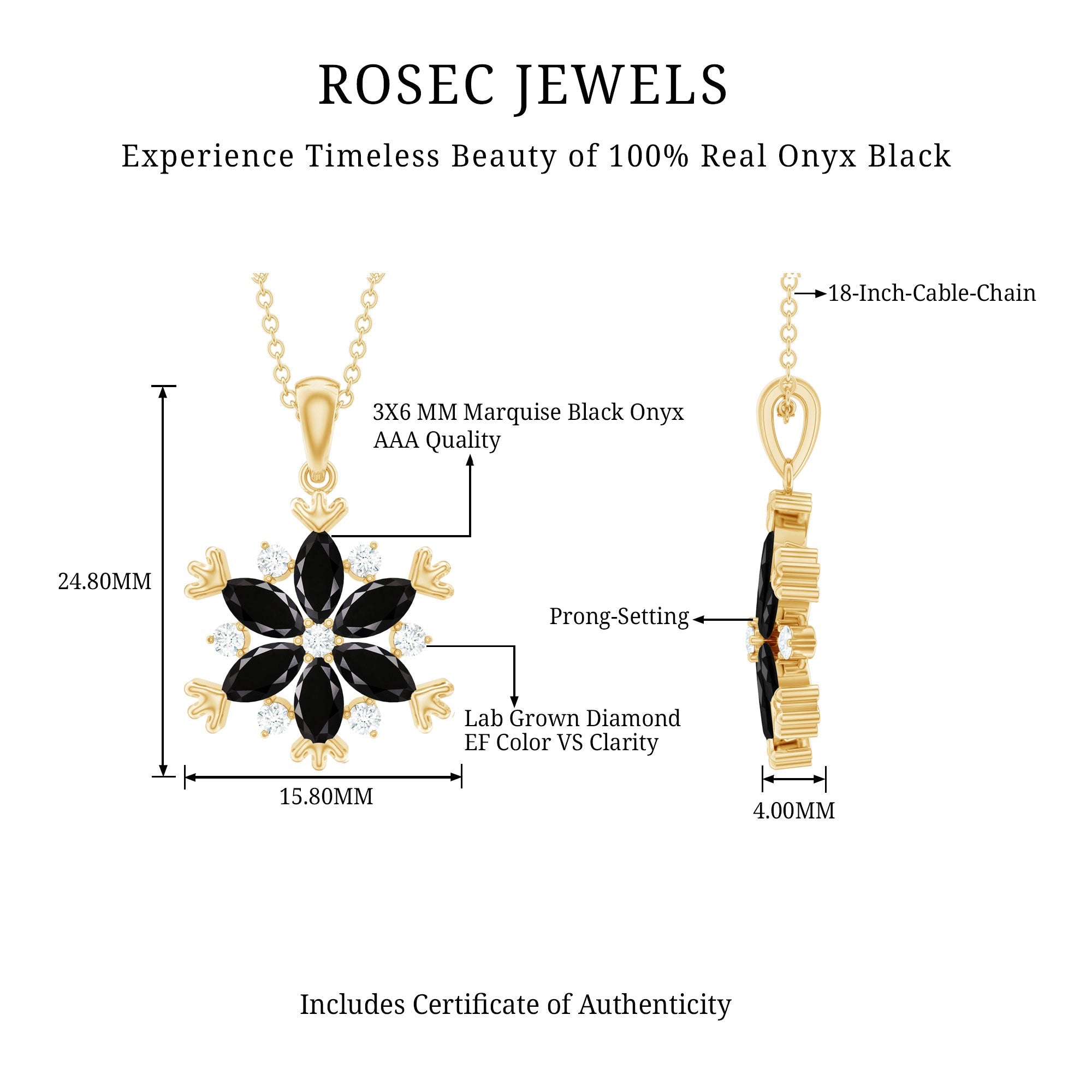 Certified Black Onyx and Diamond Flower Pendant Necklace