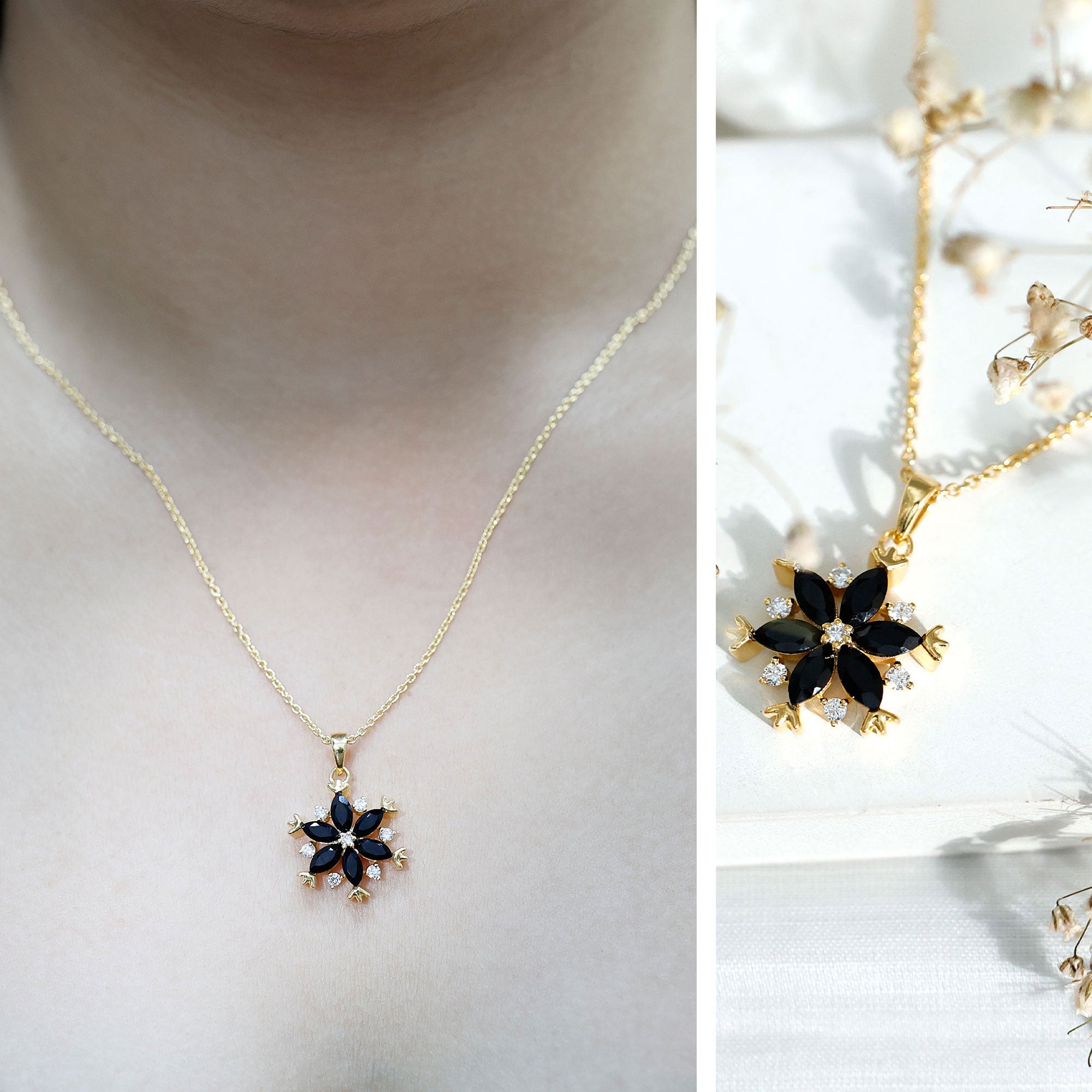 Certified Black Onyx and Diamond Flower Pendant Necklace