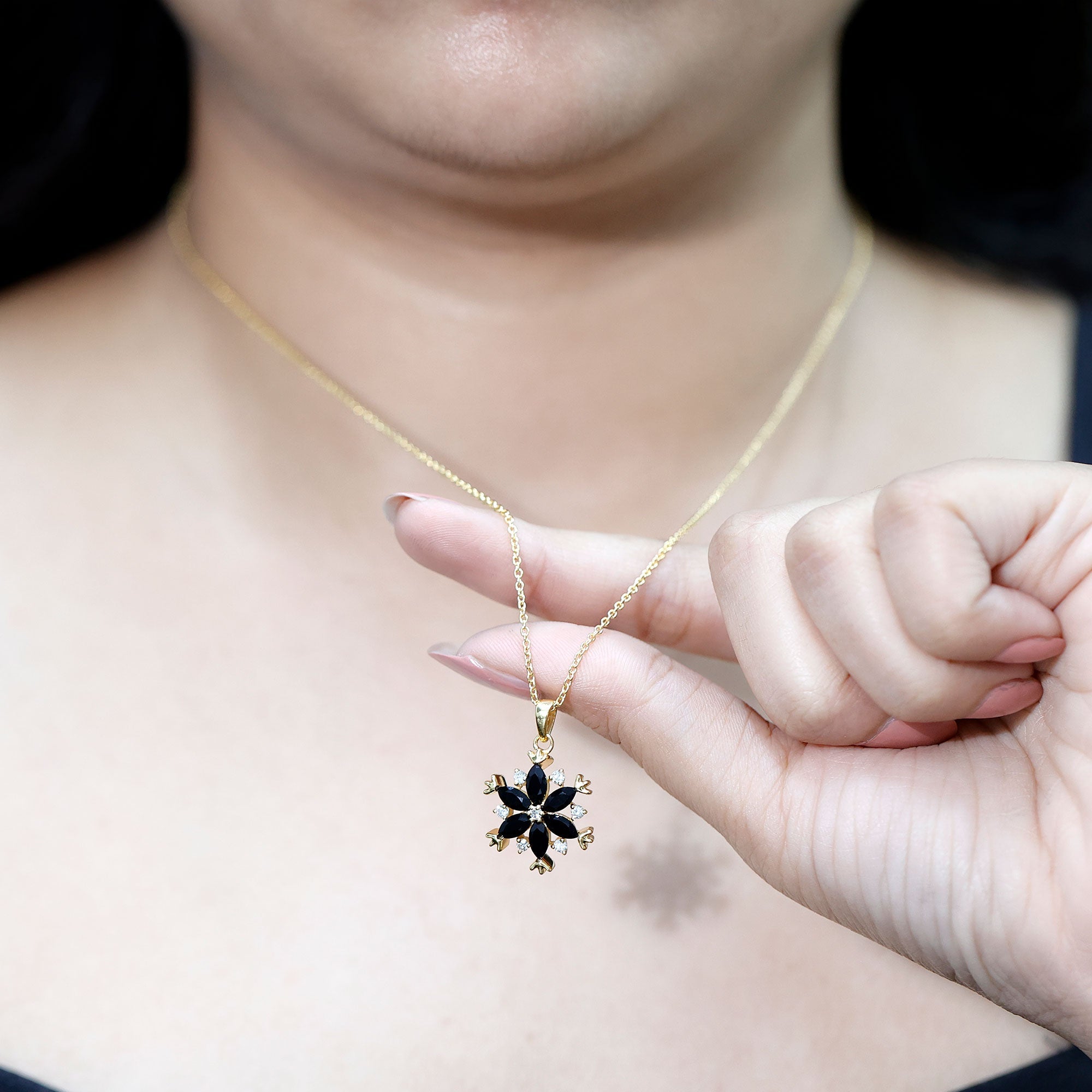 Certified Black Onyx and Diamond Flower Pendant Necklace