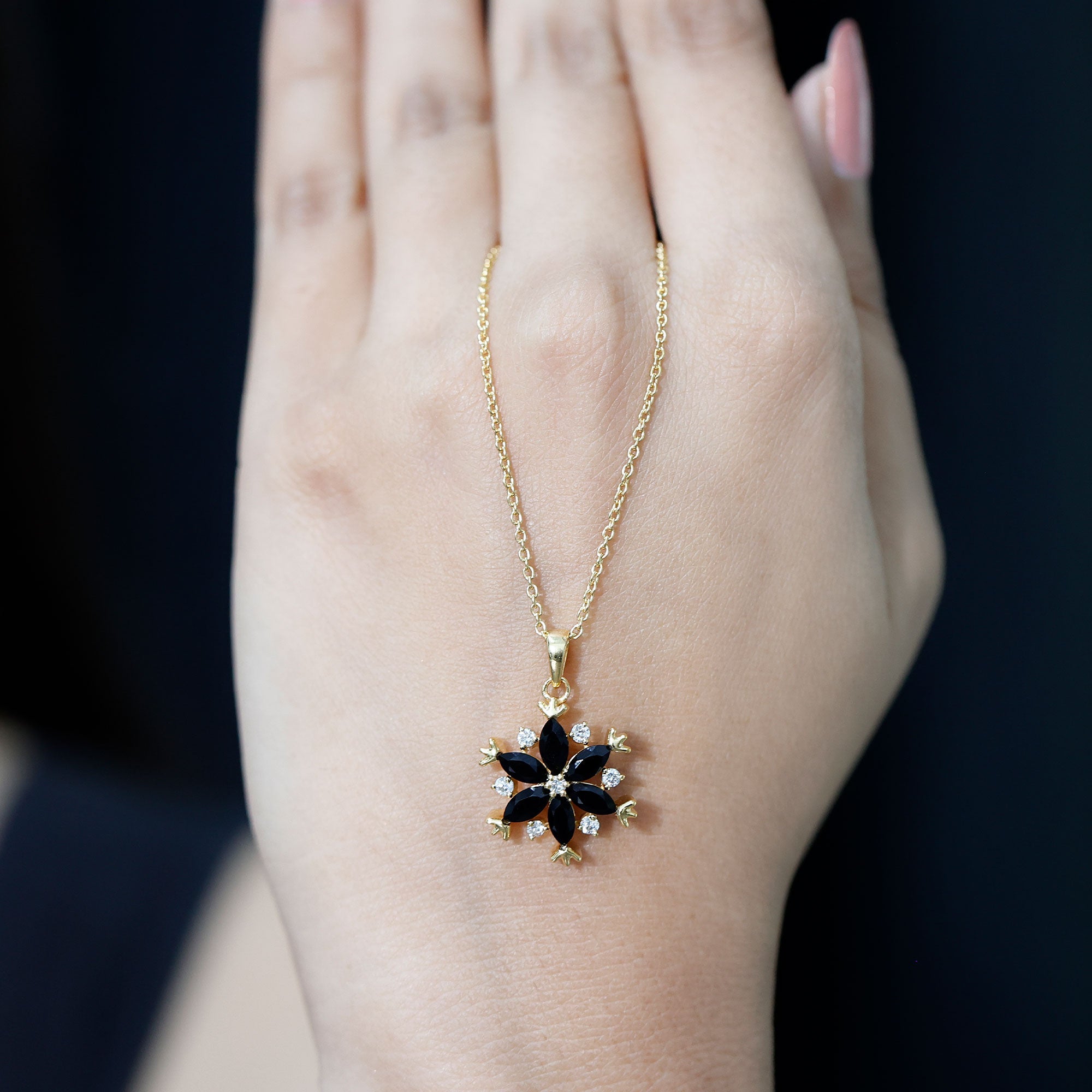 Certified Black Onyx and Diamond Flower Pendant Necklace
