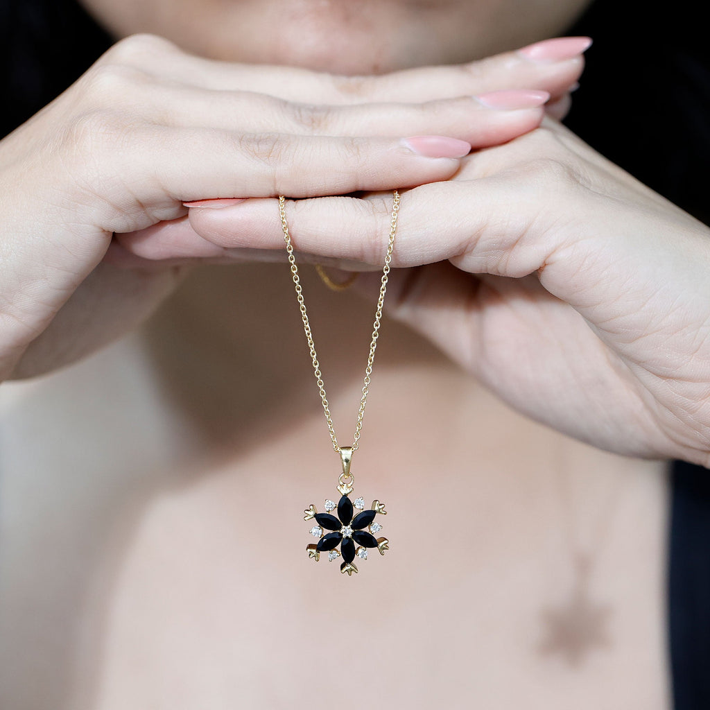 Certified Black Onyx and Diamond Flower Pendant Necklace
