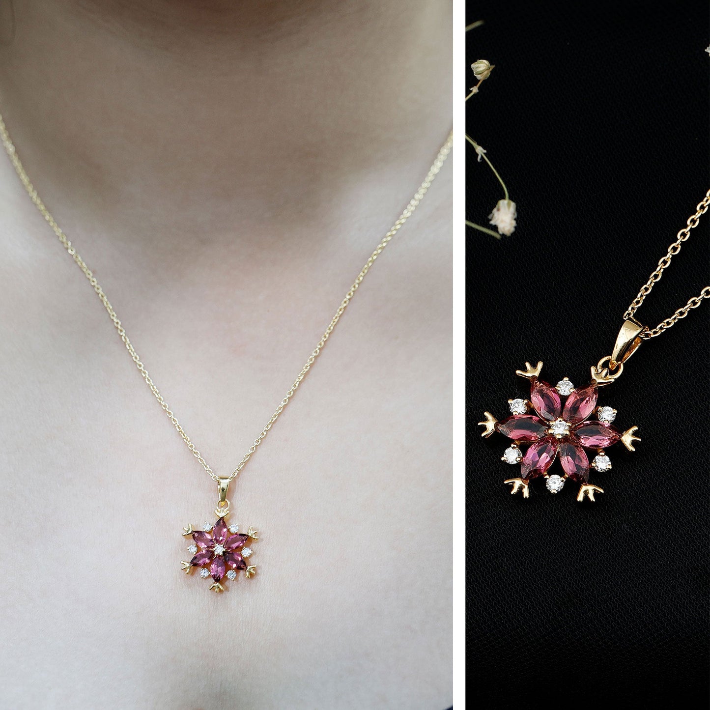 Certified Pink Tourmaline Flower Pendant Necklace with Silver Chain