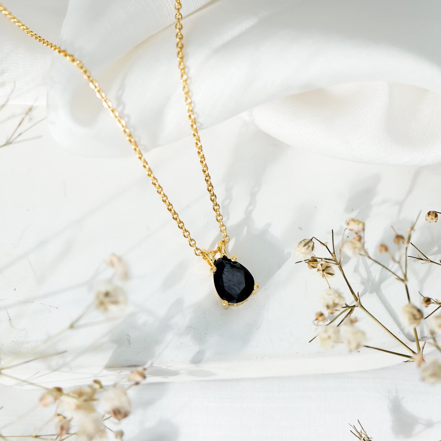 Pear Shaped Black Onyx Solitaire Necklace with Silver Chain