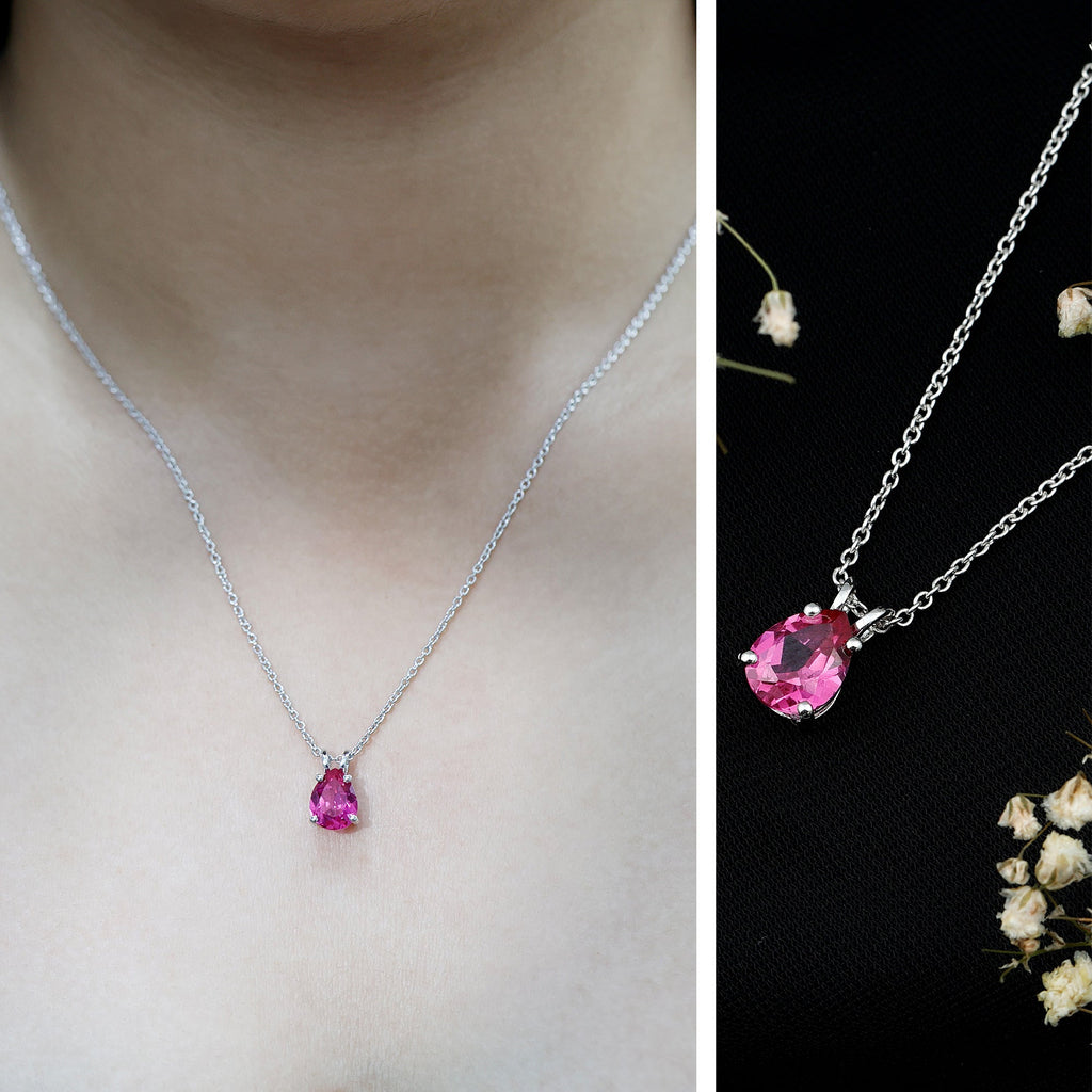 Pear Shaped Lab Created Pink Sapphire Solitaire Pendant Necklace