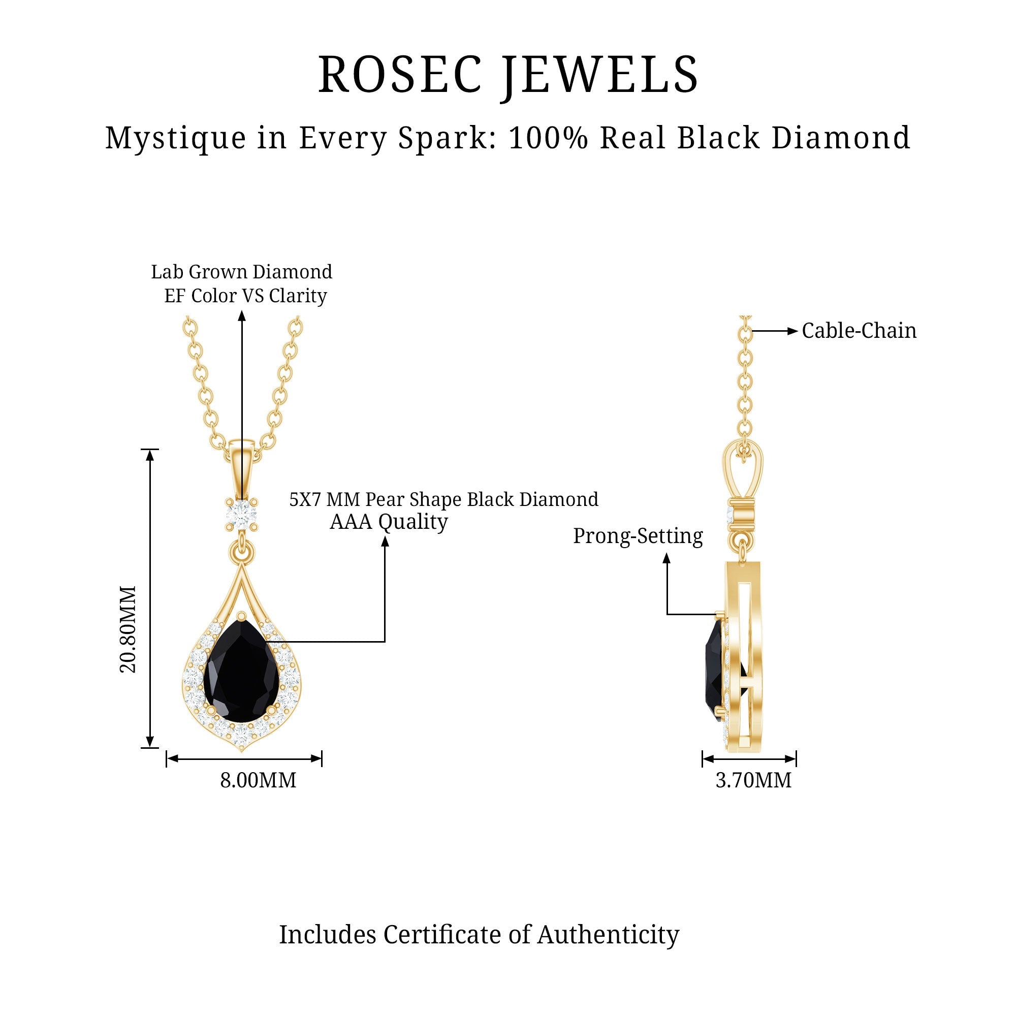 Certified Black and White Diamond Teardrop Necklace With Chain