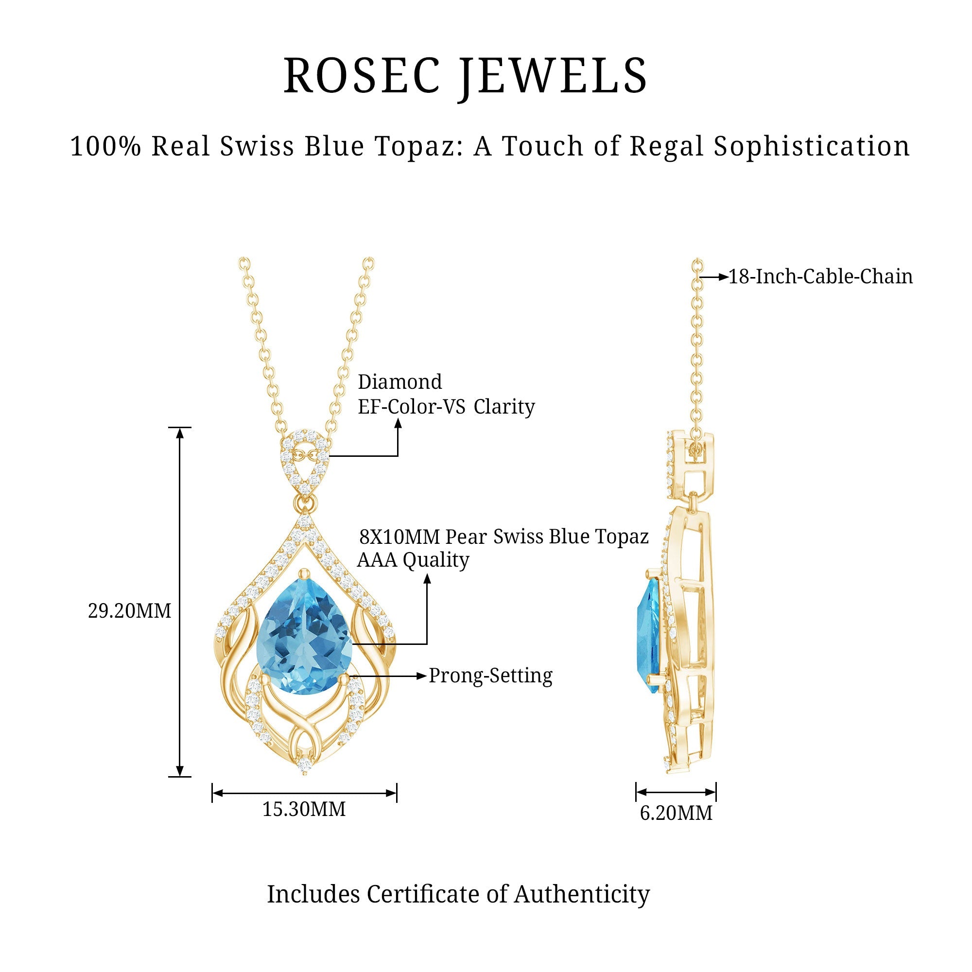 Genuine Swiss Blue Topaz Teardrop Wedding Necklace in Silver