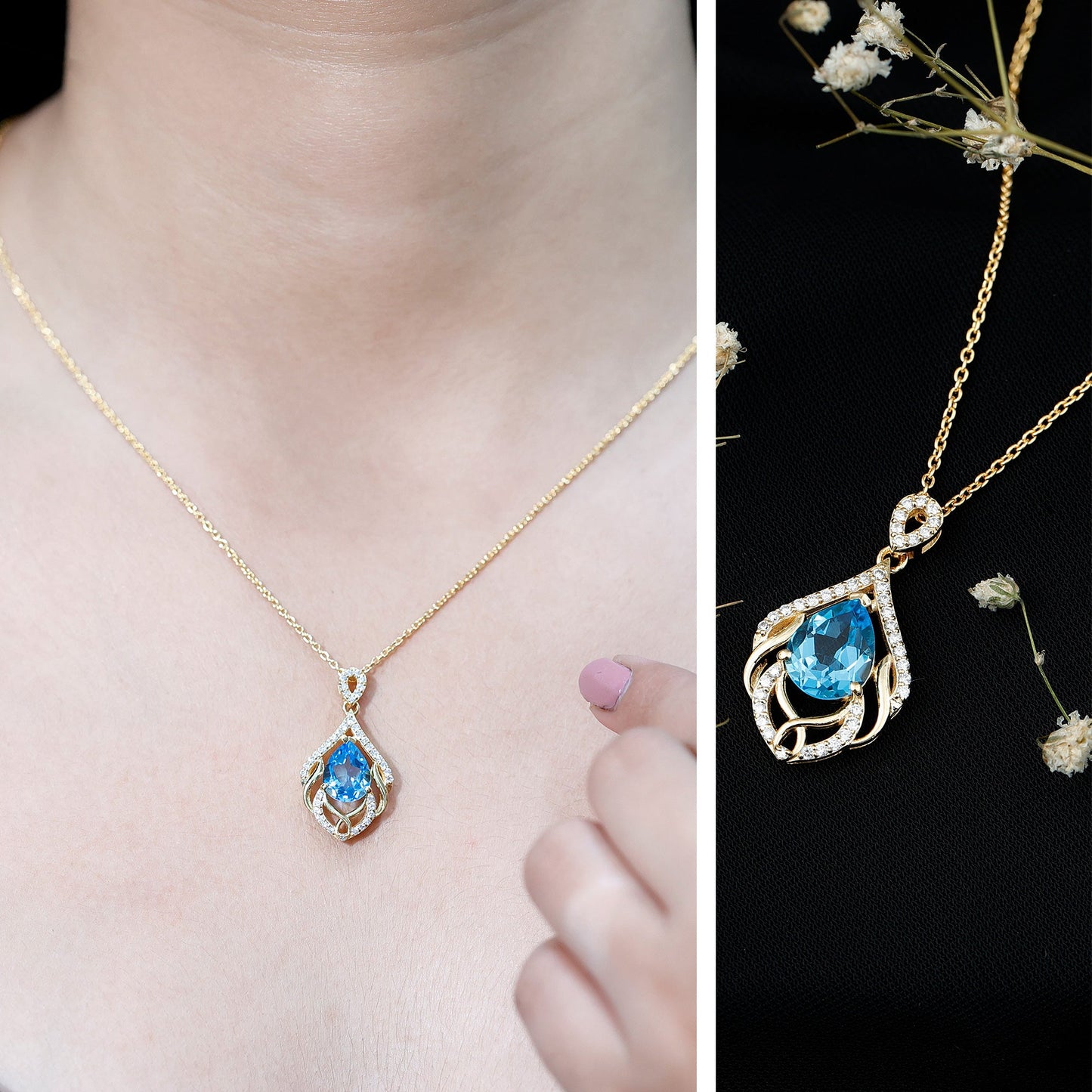 Genuine Swiss Blue Topaz Teardrop Wedding Necklace in Silver