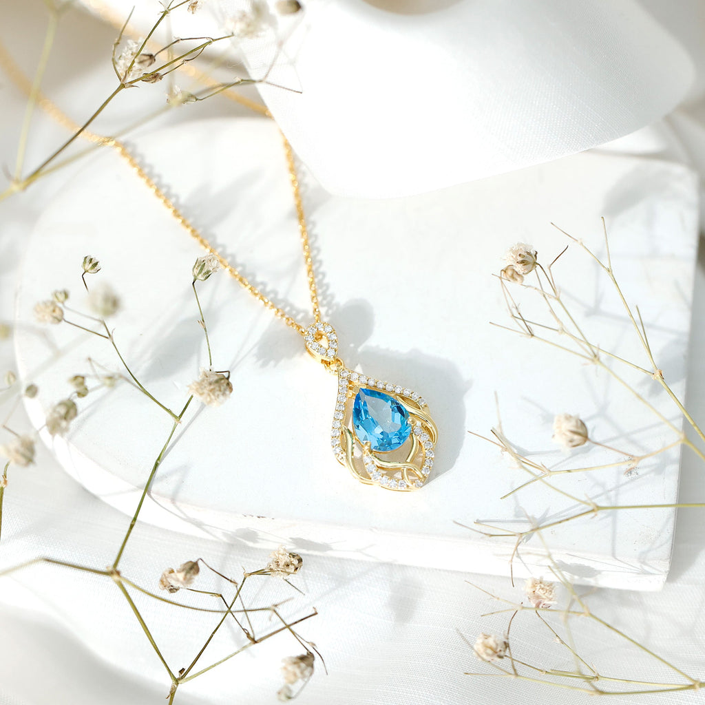 Genuine Swiss Blue Topaz Teardrop Wedding Necklace in Silver