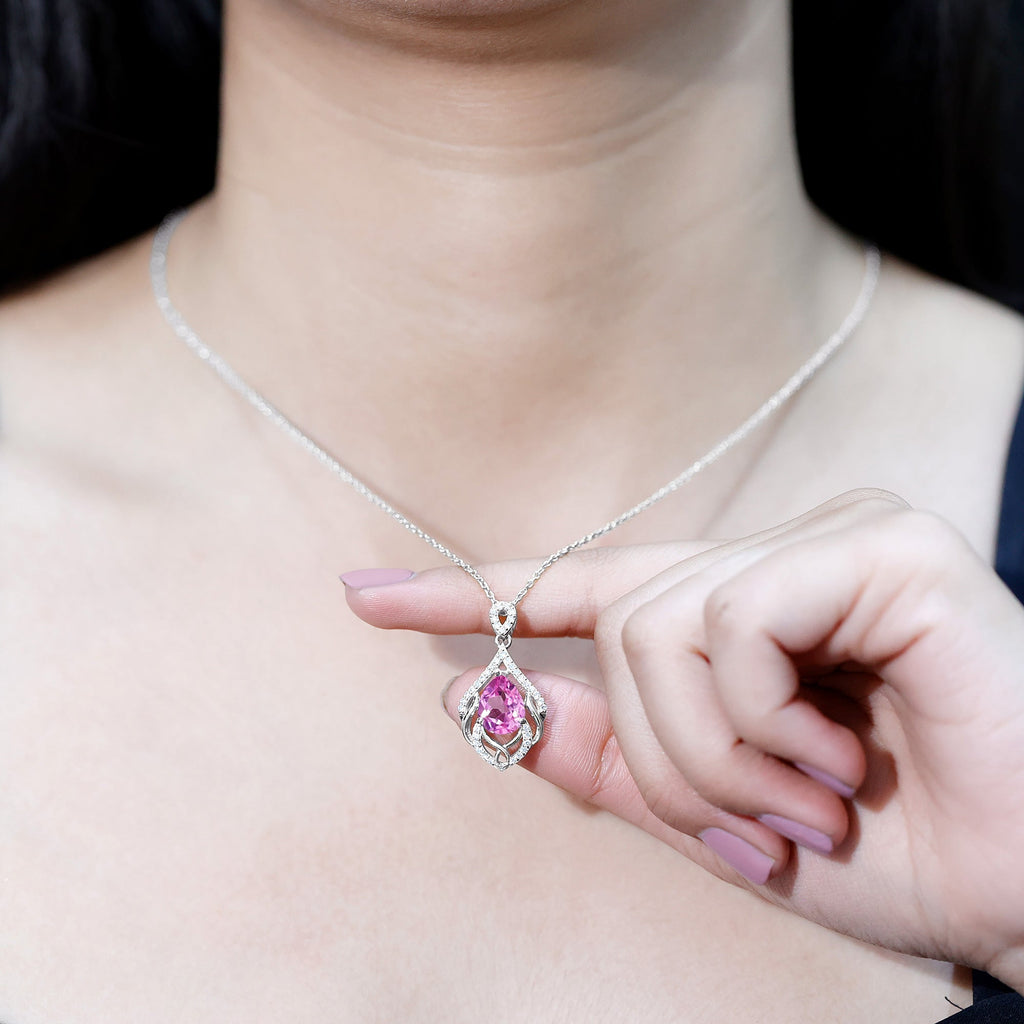Lab Grown Pink Sapphire and Diamond Designer Necklace with Chain