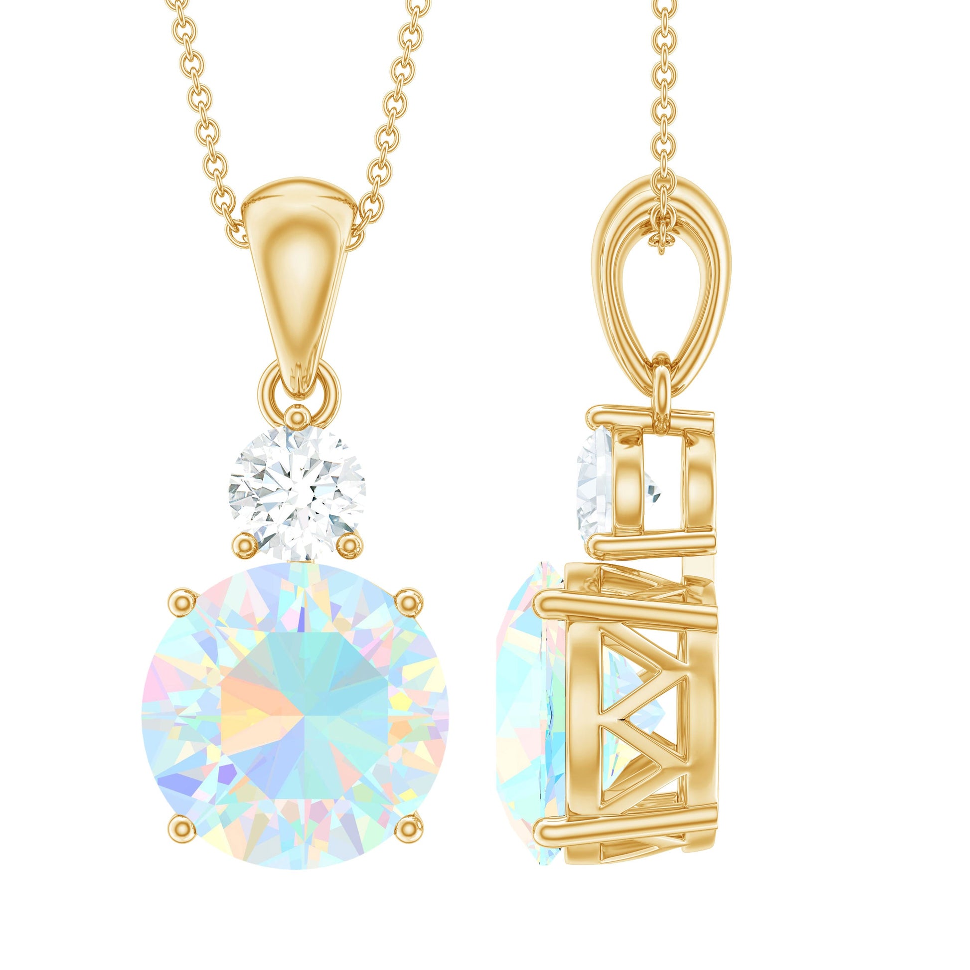 Gold pendants with colorful gemstones on a white background