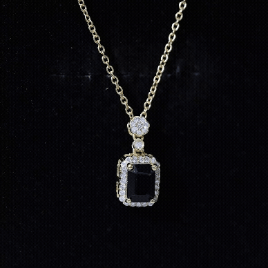 Emerald Cut Black Spinel and Diamond Retro Statement Necklace with Chain