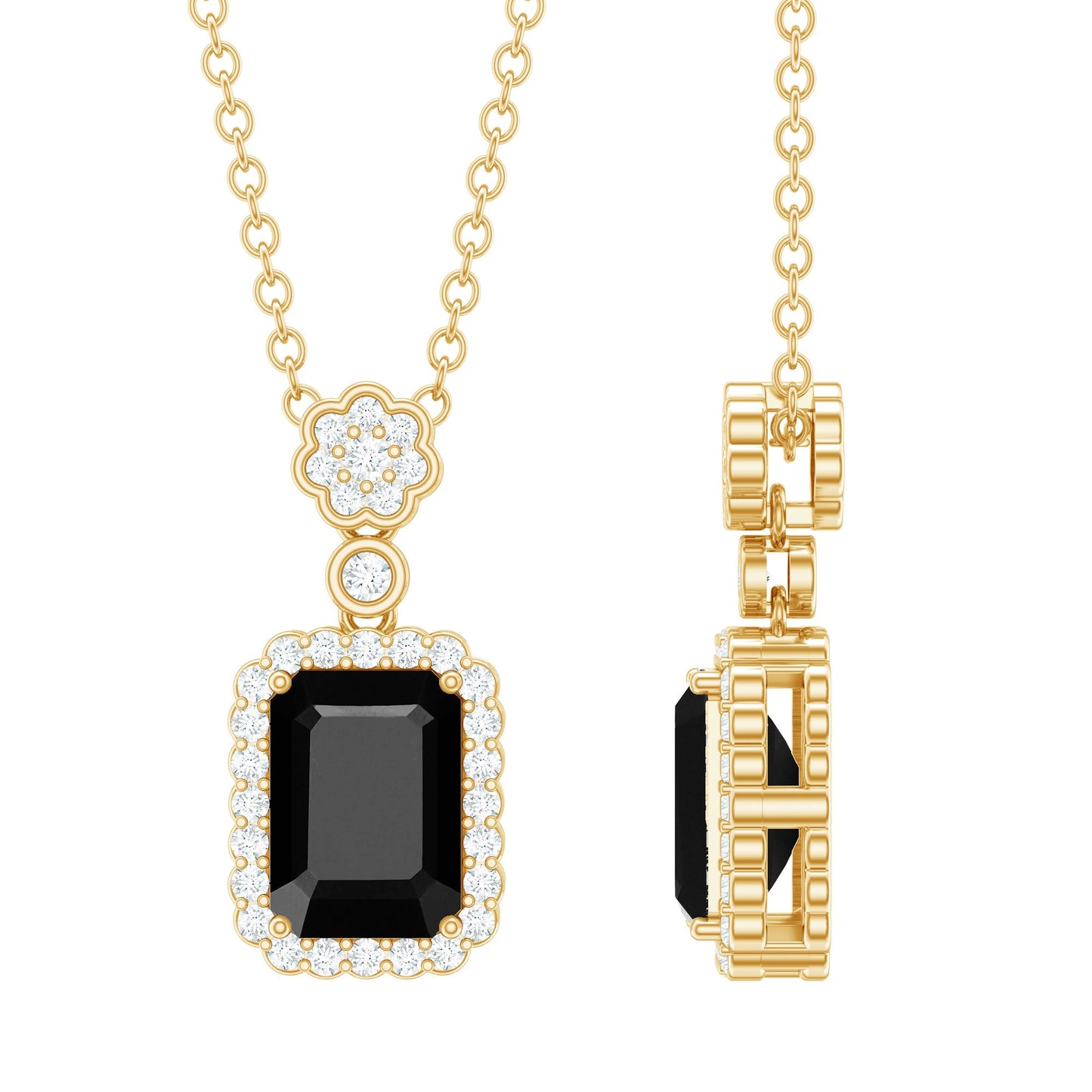 Emerald Cut Black Spinel and Diamond Retro Statement Necklace with Chain