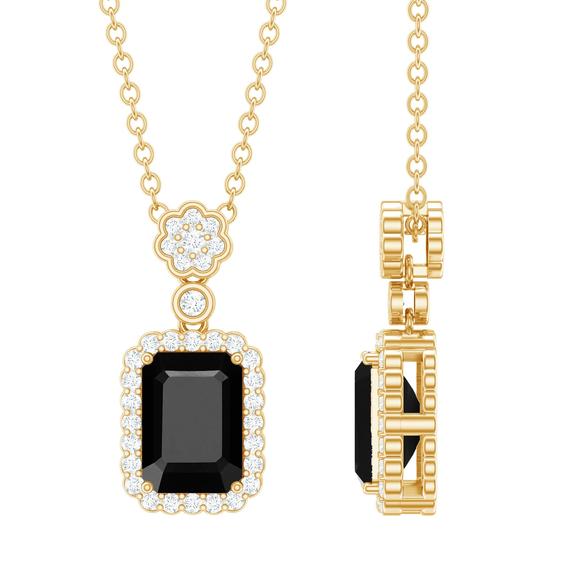 Emerald Cut Black Spinel and Diamond Retro Statement Necklace with Chain