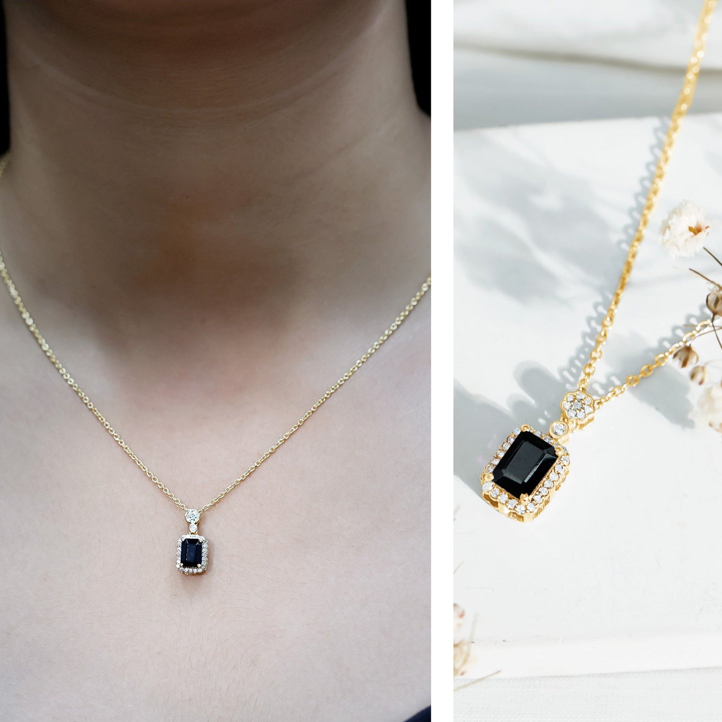 Emerald Cut Black Spinel and Diamond Retro Statement Necklace with Chain