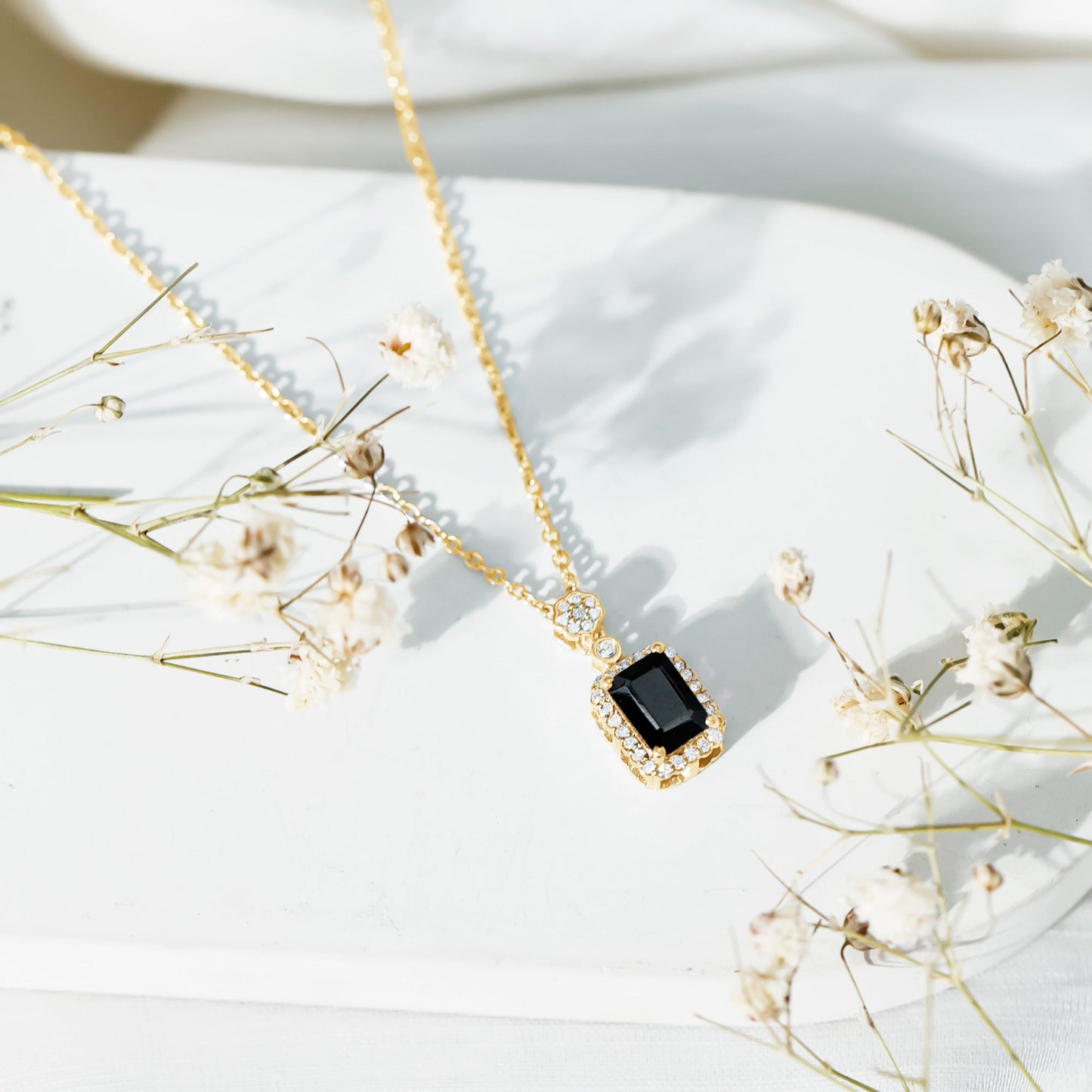 Emerald Cut Black Spinel and Diamond Retro Statement Necklace with Chain